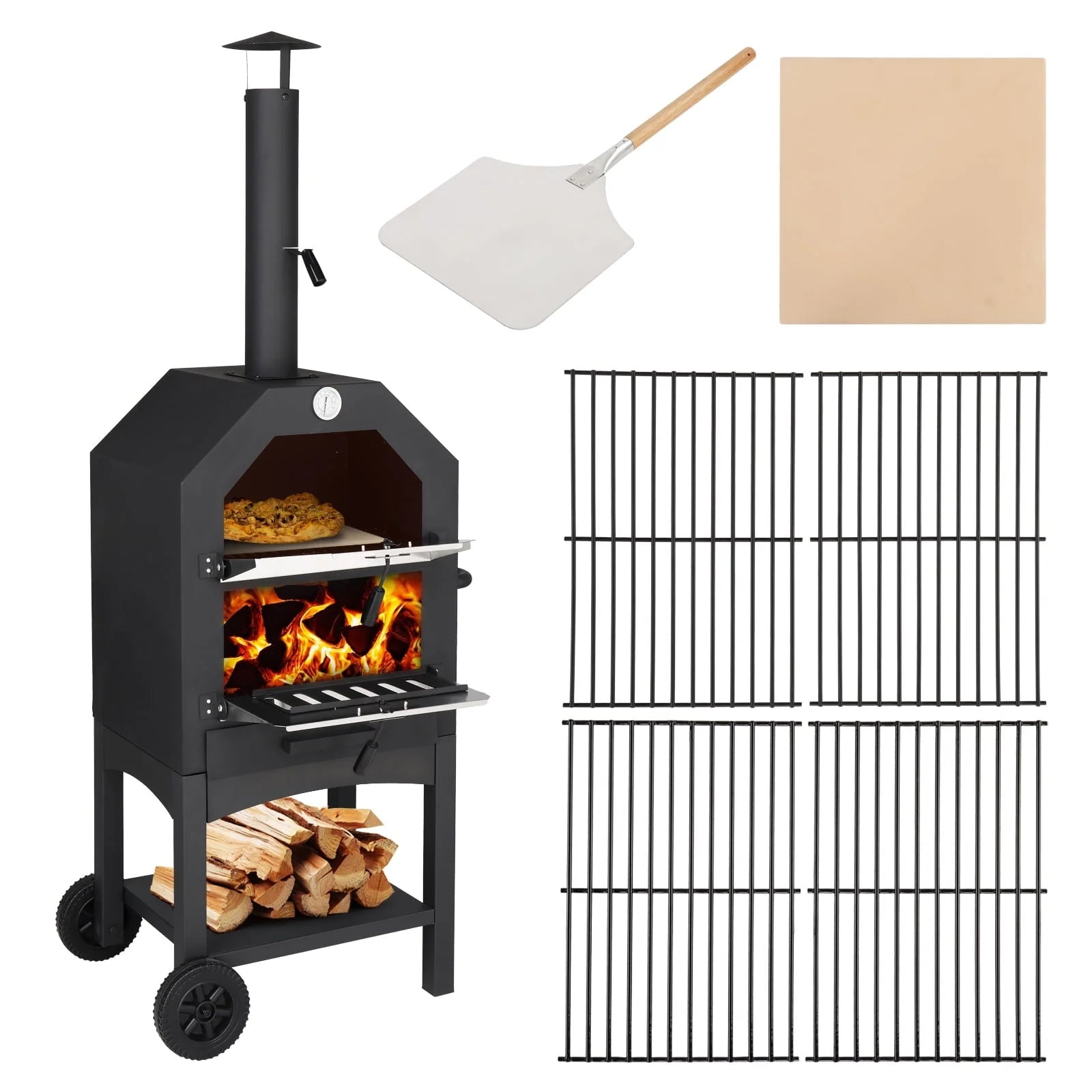 SalonMore Outdoor Pizza Oven 14'' Wood Burning Patio Pizza Maker Removable w/Pizza Stone, Pizza Peel, Grill Rack