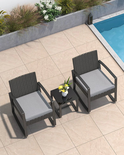 Lofka 3-Piece Patio Wicker Chairs Set with a Coffee Table, Balcony Furniture for Yard, Patio, Garden and Bistro, Gray Cushion