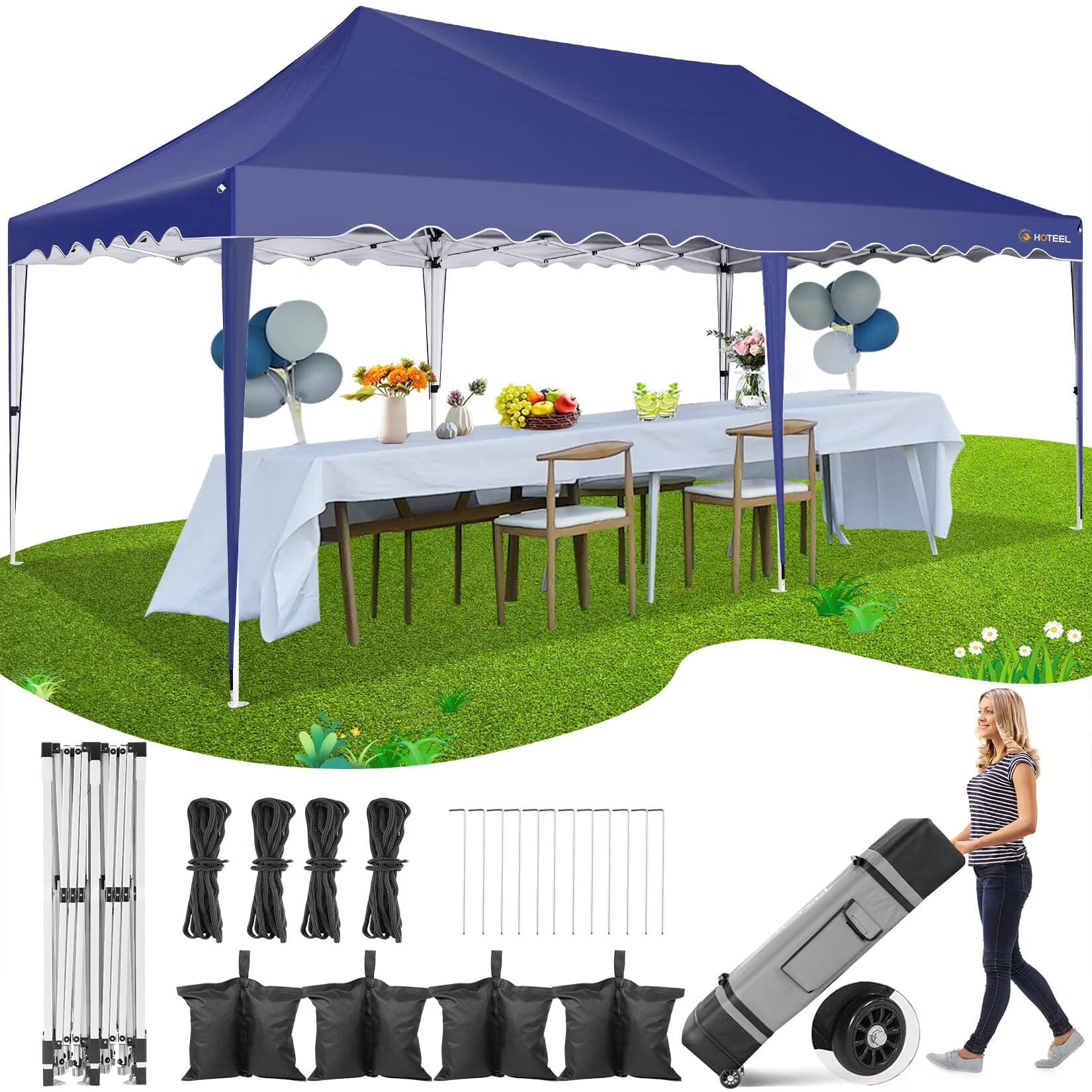 HOTEEL 10x20 Pop Up Canopy Tents for Parties, Outdoor Tent with Wheeled Bag & 4 Sandbags, Easy Setup Shelter Gazebo for Wedding, Patio Events, Commercial, Party -Waterproof and UV50+, Dark Blue