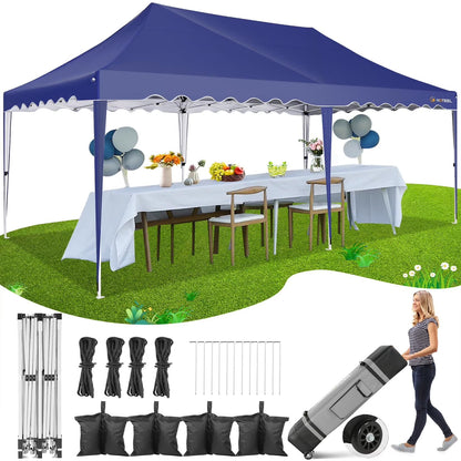 HOTEEL 10x20 Pop Up Canopy Tents for Parties, Outdoor Tent with Wheeled Bag & 4 Sandbags, Easy Setup Shelter Gazebo for Wedding, Patio Events, Commercial, Party -Waterproof and UV50+, Dark Blue