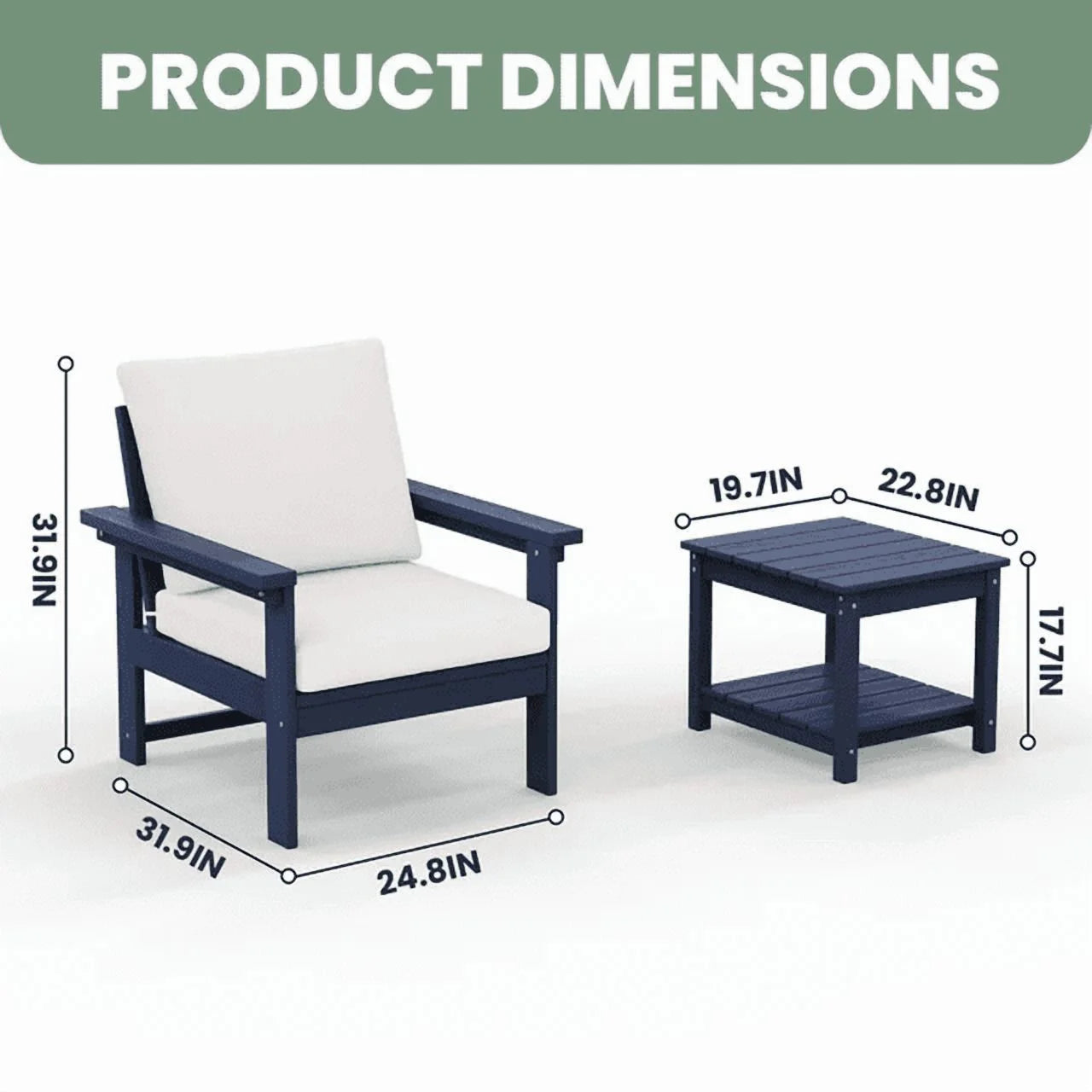 JUSTLET HDPE Patio Sofa Set, All Weather Outdoor Patio Furniture Set, 3-Seater Couch,2 Armchair,1 Side Table,1 Coffee Table, Navy Frame with Khaki Cushion