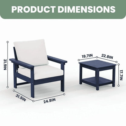 JUSTLET HDPE Patio Sofa Set, All Weather Outdoor Patio Furniture Set, 3-Seater Couch,2 Armchair,1 Side Table,1 Coffee Table, Navy Frame with Khaki Cushion