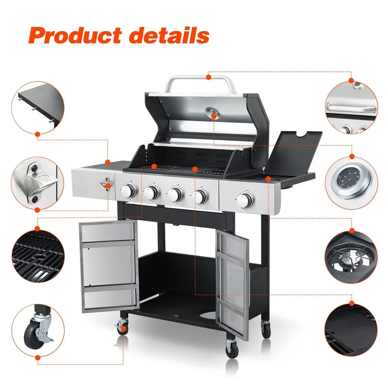 Gundir 3-Burner Propane Gas Grill, 25650 BTU Outdoor BBQ Grill with Foldable Side Table, Wheels, Stainless Steel Thermometer & Warming Rack for Backyard, Patio, Camping