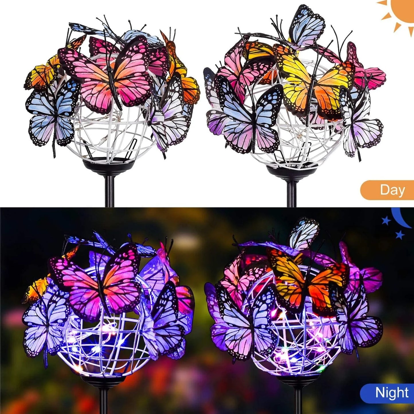 Rirool Decorative Solar Garden Lights Outside, 2 Pack Waterproof Solar Stake Lamp with Solar Panel, Multicolored Butterfly Ball Landscape Lights for Yard Patio Lawn Party Decor