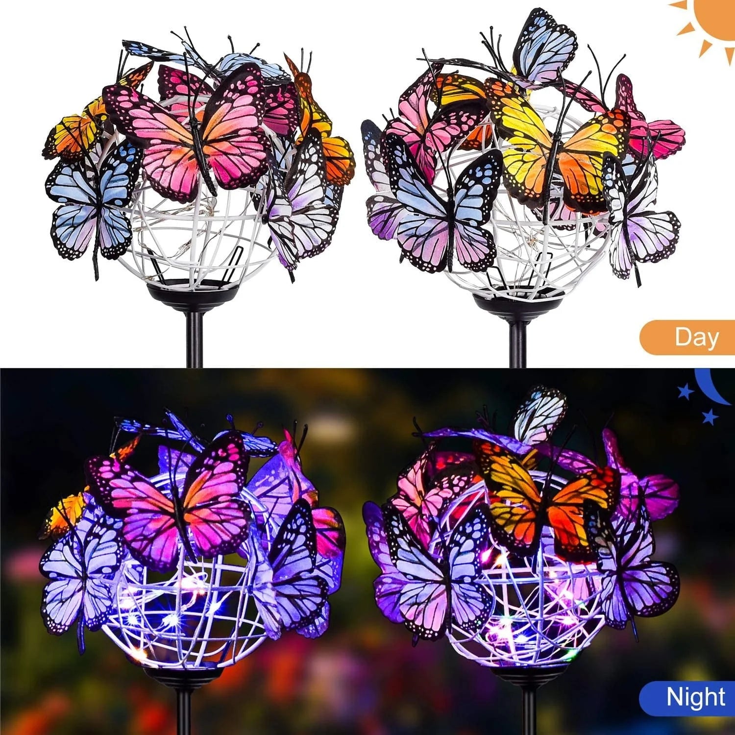 Rirool Decorative Solar Garden Lights Outside, 2 Pack Waterproof Solar Stake Lamp with Solar Panel, Multicolored Butterfly Ball Landscape Lights for Yard Patio Lawn Party Decor