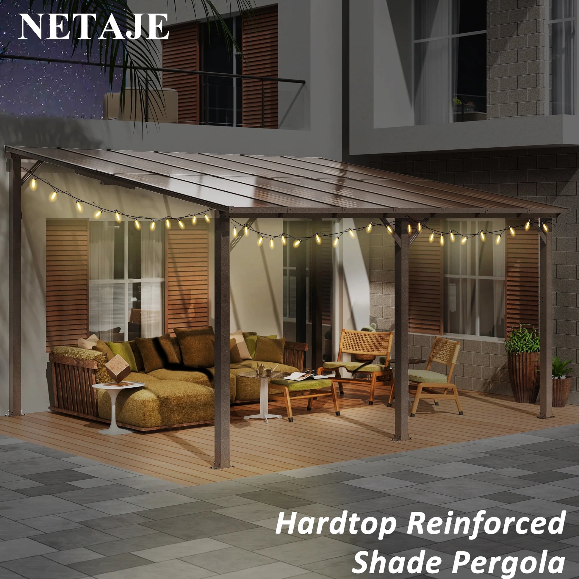 NETAJE 10'x14' Gazebo, Outdoor Wall Mounted Gazebo & Pergola with Aluminum Frame for Patio, Porch and Backyard