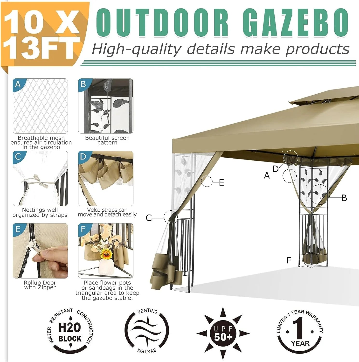 COBIZI Pop-up Gazebo, 10' x 13' Outdoor Steel Double Roof Canopy, Metal Frame Pavilion with Mosquito Netting, Sunshade for Garden, Patio, Lawns, Brown