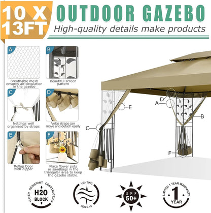 COBIZI Pop-up Gazebo, 10' x 13' Outdoor Steel Double Roof Canopy, Metal Frame Pavilion with Mosquito Netting, Sunshade for Garden, Patio, Lawns, Brown