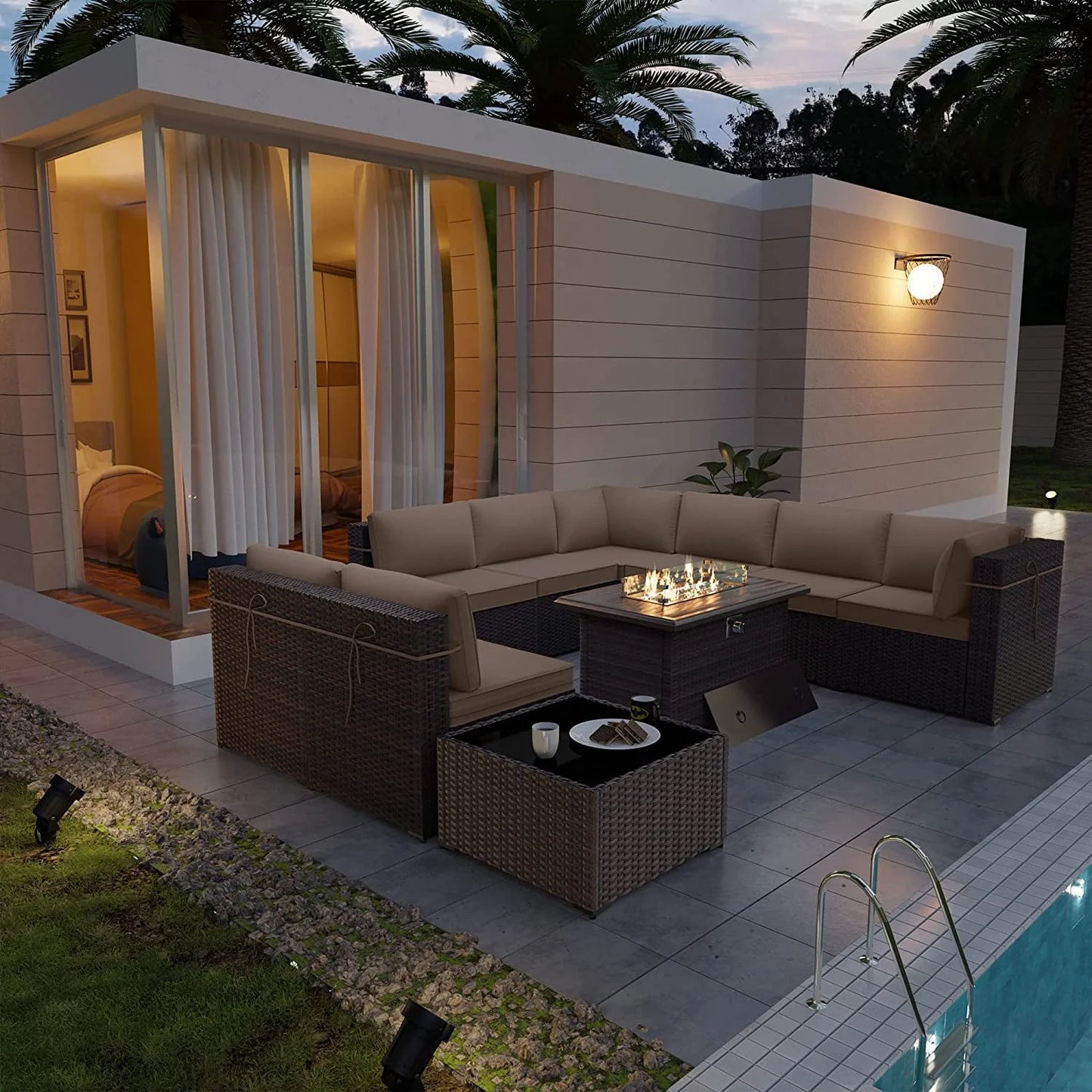 Kullavik Patio Furniture set Sectional Sofa 10 Pieces PE Rattan Wicker Patio Conversation Set w/43" Gas Fire Pit Table, Outdoor Furniture with 55000 BTU Propane Fire Pit,Sand