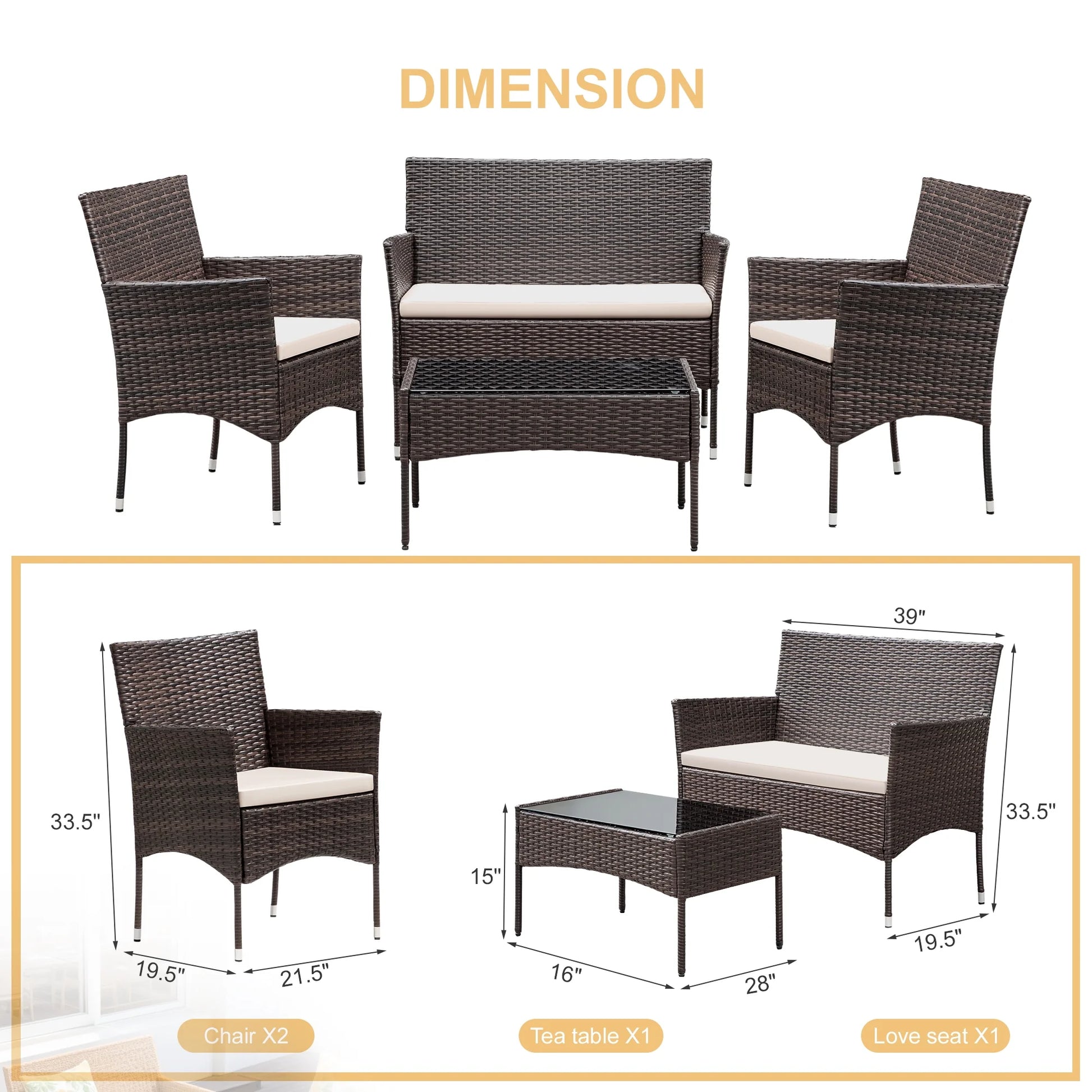 Lacoo 4 Pieces Patio Conversation Set Outdoor PE Rattan Wicker Chairs Set and Table, Brown