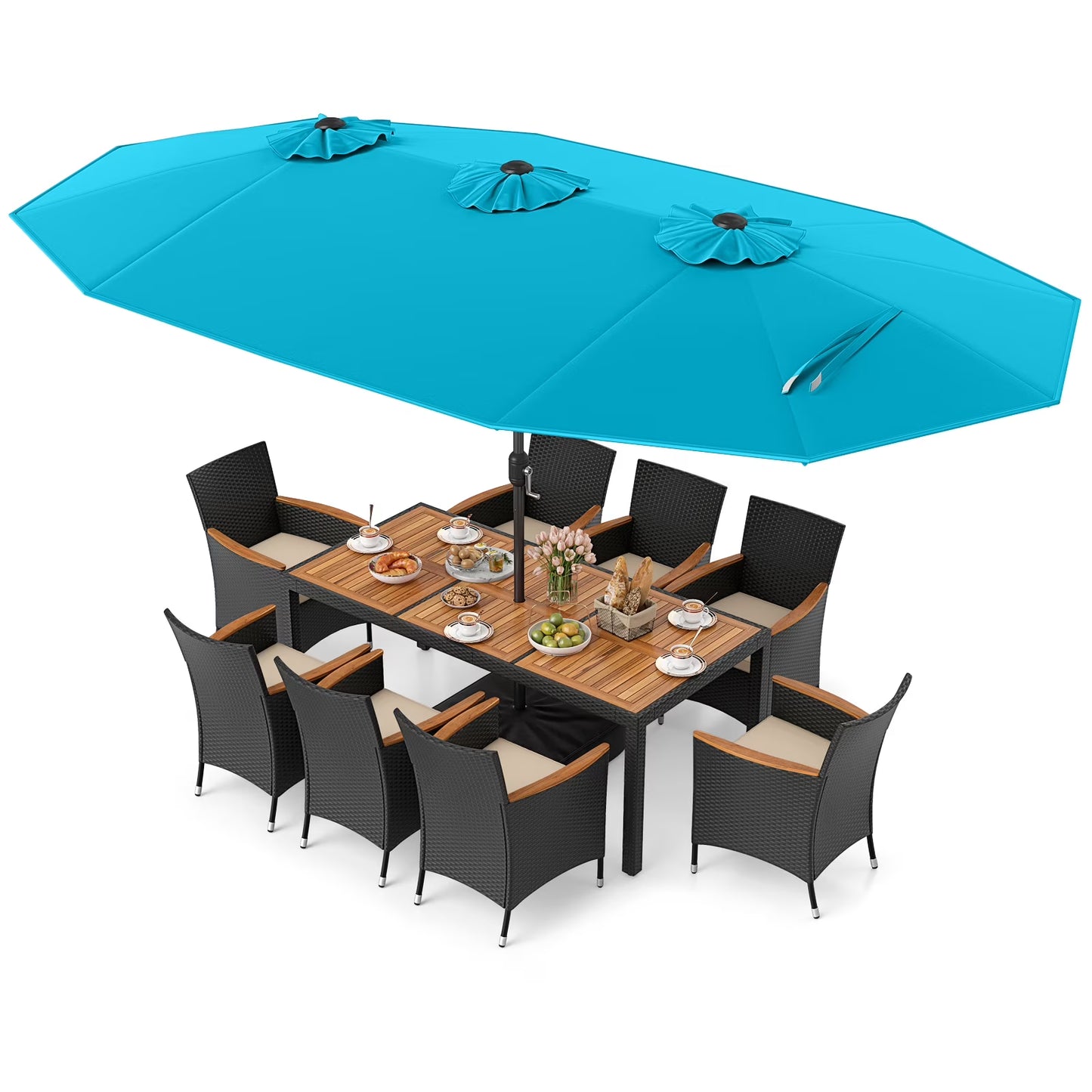 Costway 11 PCS Patio Wicker Dining Set with Double-Sided Outdoor Umbrella 8 Chairs Orange