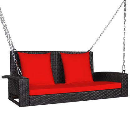 Topbuy Outdoor Wicker Porch Swing Bench 2-Person Patio Rattan Swing Chair W/Soft Cushions Black