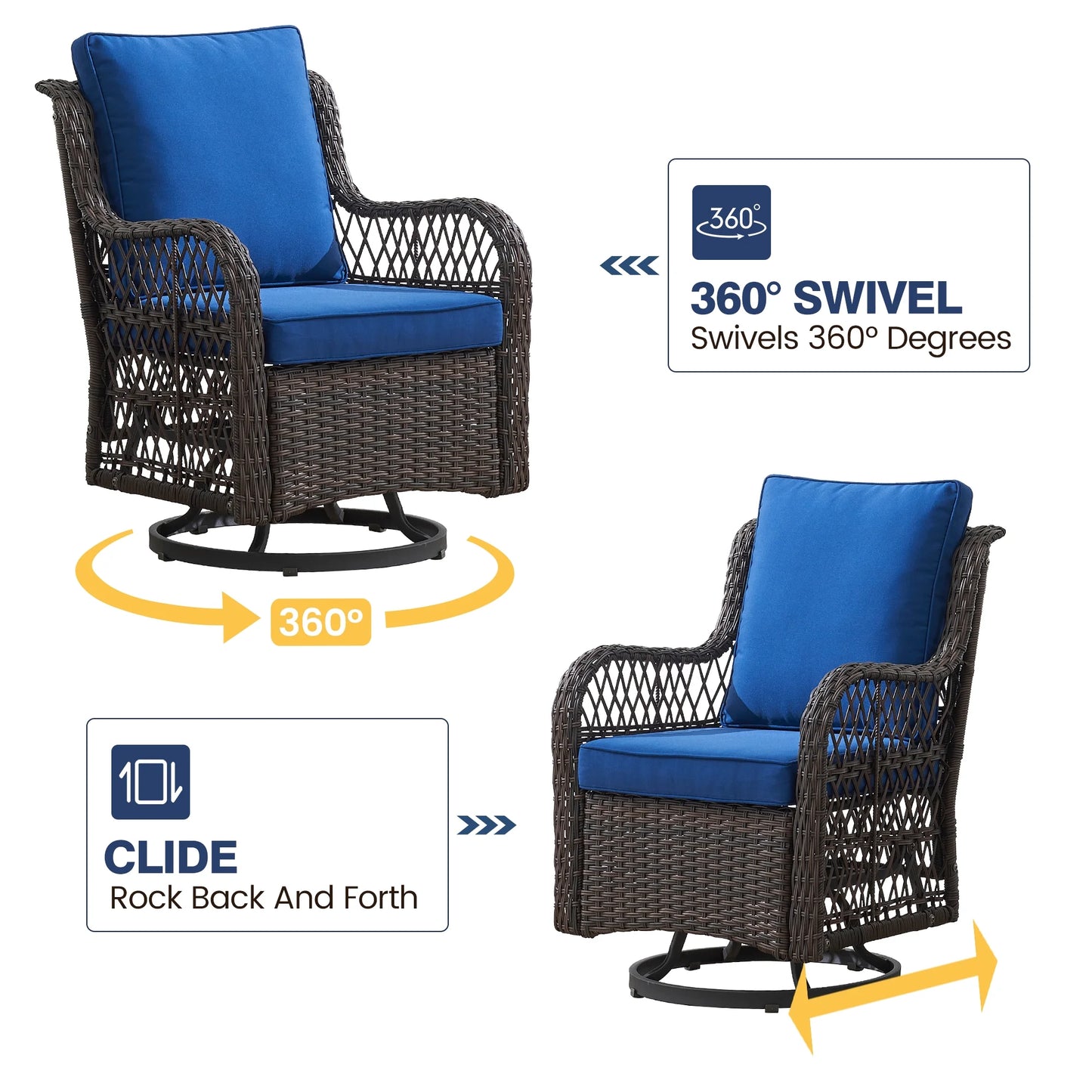 Twister.CK 3 Pieces Patio Furniture Set, Outdoor Swivel Gliders Rocker, Wicker Patio Bistro Set with Rattan Rocking Chair, Glass Top Side Table and Thickened Cushions for Porch Deck Backyard