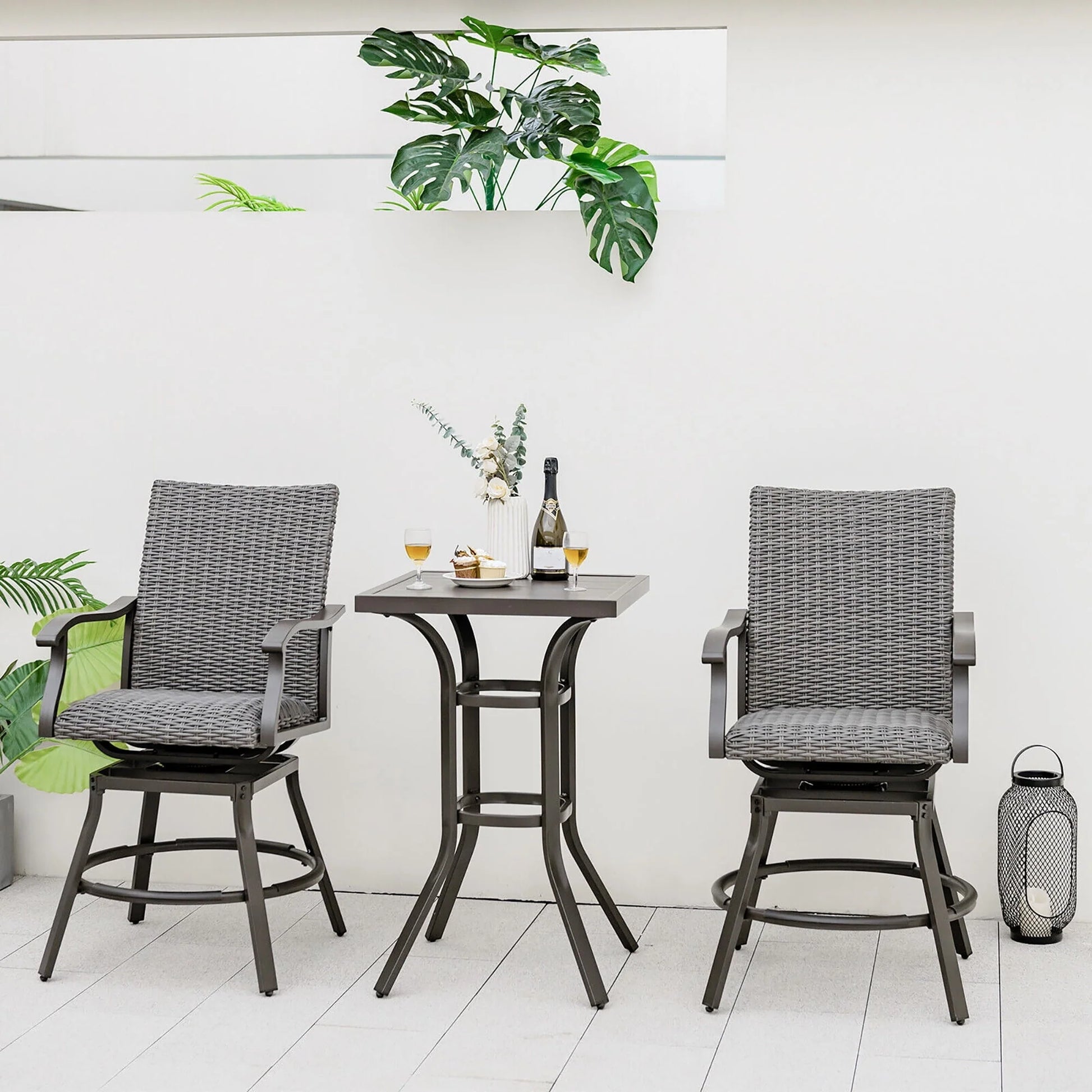Gymax 2PCS Patio Wicker Aluminum 360° Swivel Bar Height Chairs W/4D Air Fiber Balcony