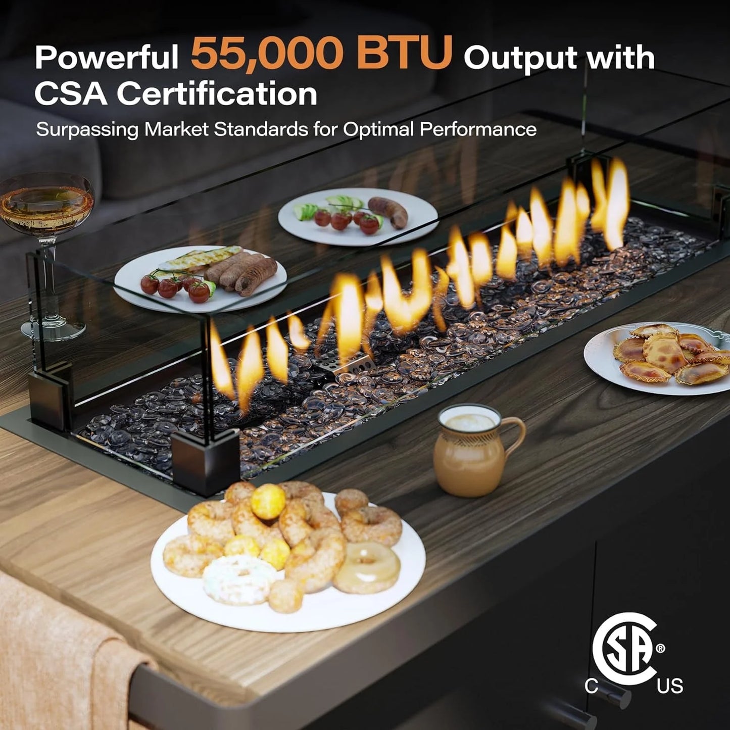 LAUSAINT HOME 43" Outdoor Fire Pit Table , 55,000 BTU Patio Propane Fire Pit with Wood Grain Tabletop & Wind Guard, Black