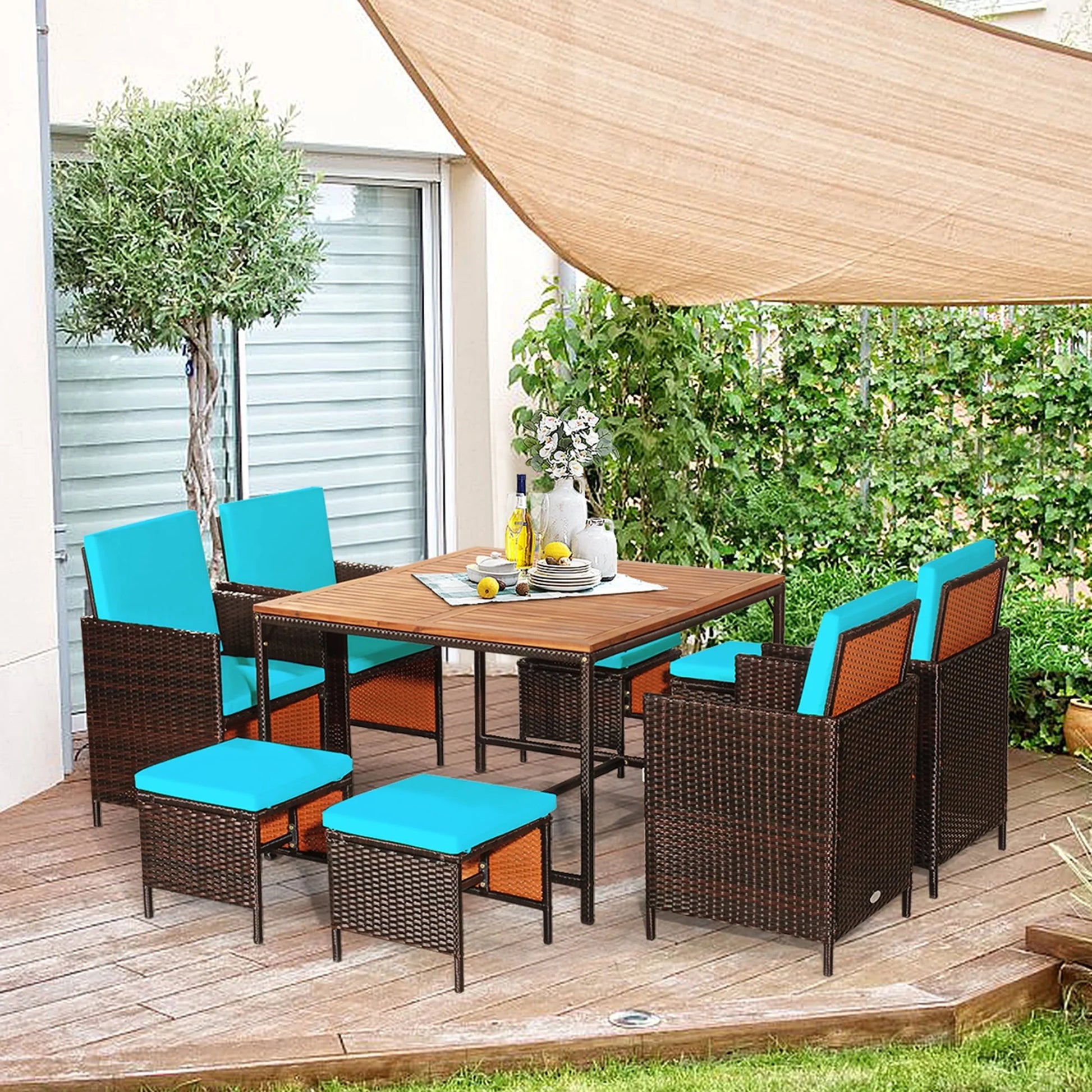 Gymax 9PCS Rattan Wicker Patio Dining Set Outdoor Furniture Set w/Turquoise Cushion