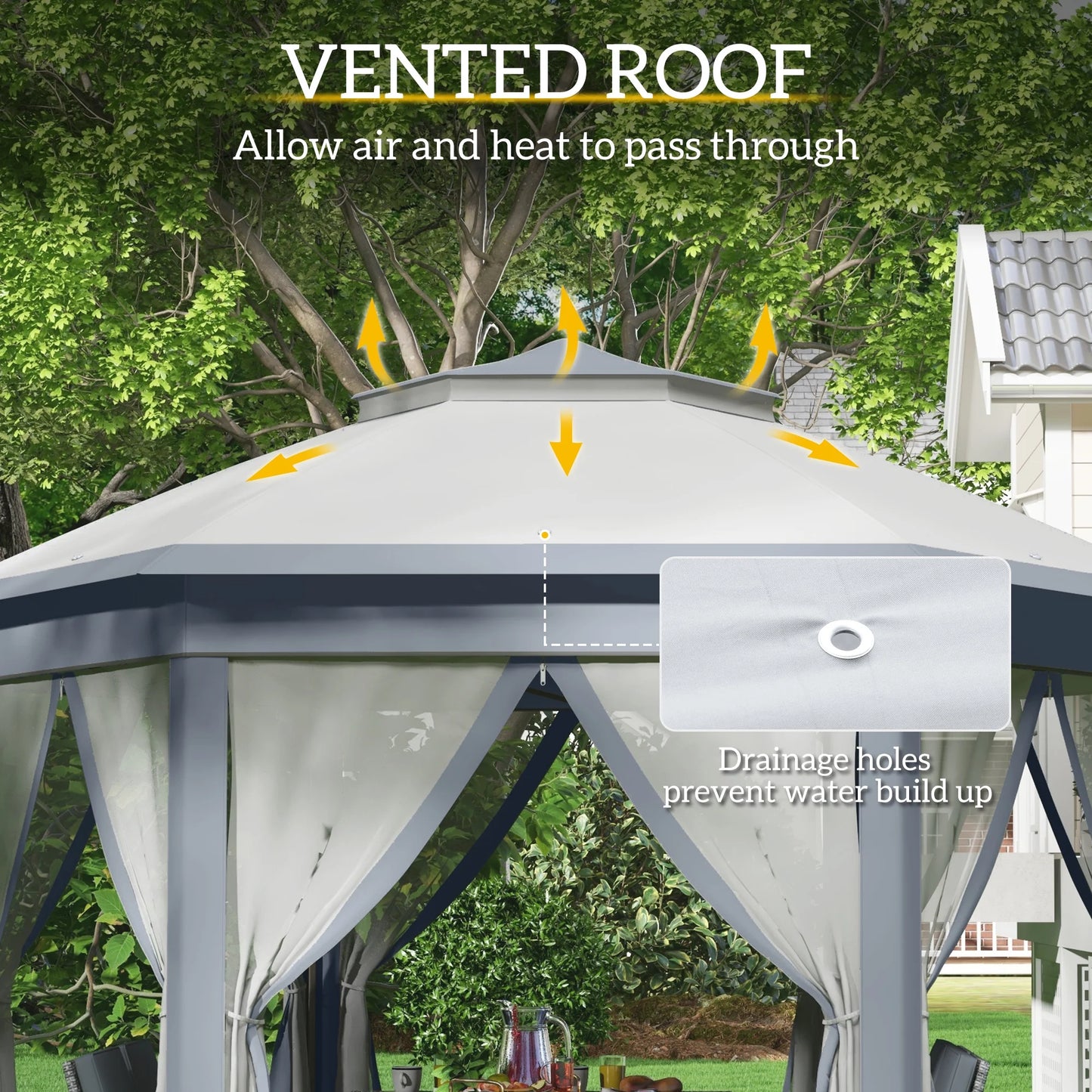 Outsunny 13' x 13' Pop Up Gazebo Hexagonal Canopy with 6 Zippered Mesh Netting, 2-Tier Roof Event Tent with Steel Frame for Patio Backyard, Gray