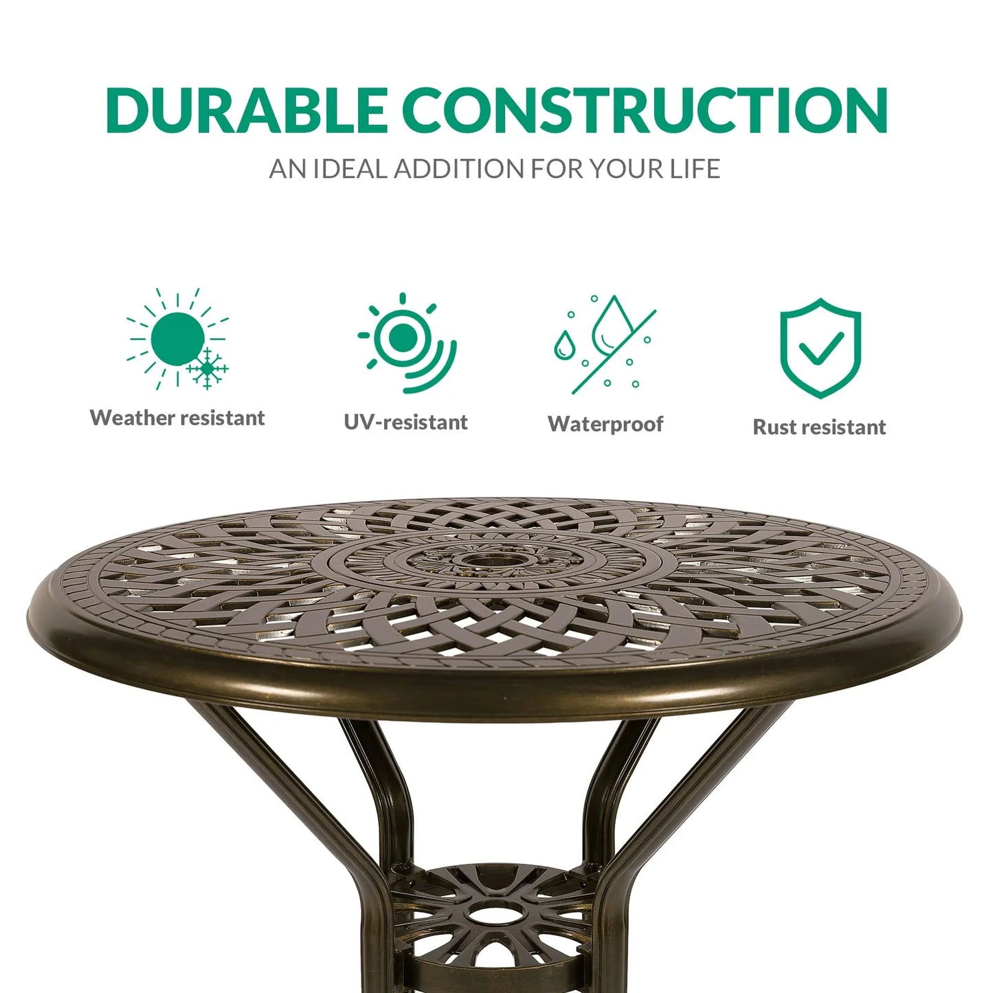 VIVIJASON 30.8" Round Cast Aluminum Patio Bar Table with Umbrella Hole, Antique Bronze