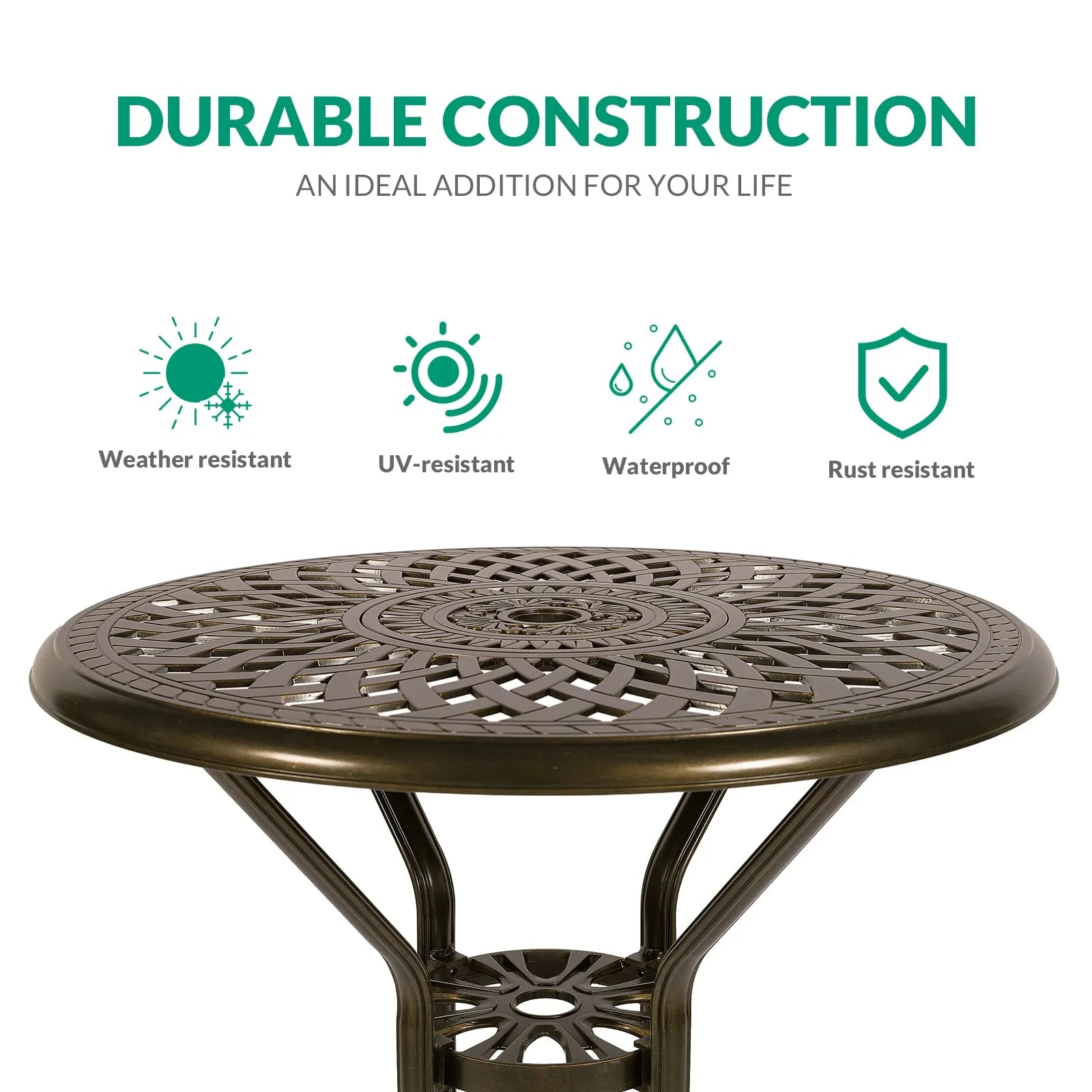 VIVIJASON 30.8" Round Cast Aluminum Patio Bar Table with Umbrella Hole, Antique Bronze