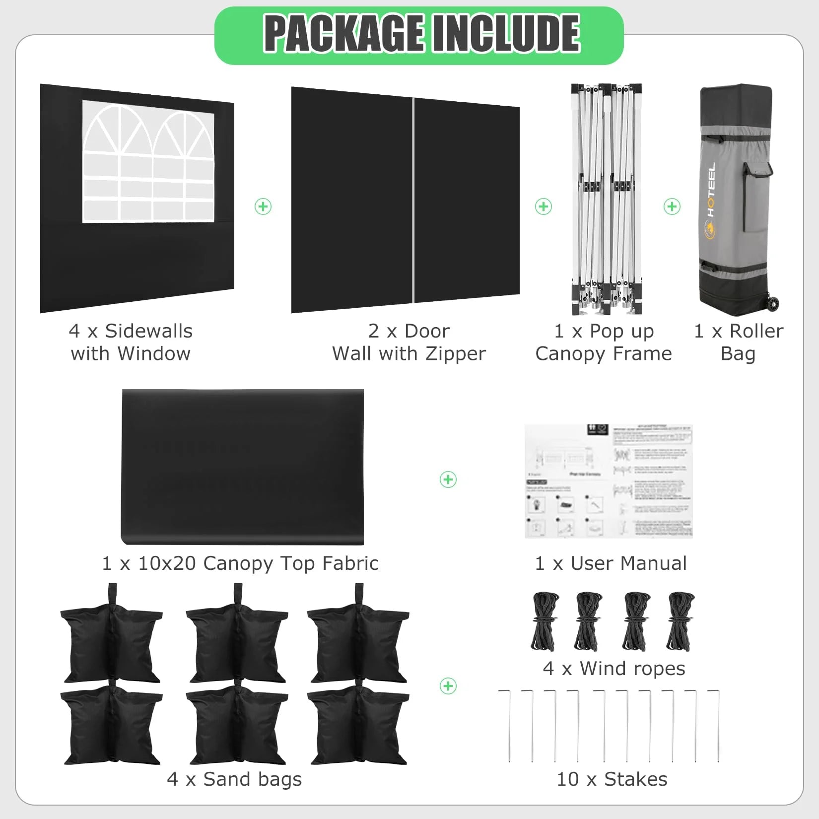 HOTEEL 10x20 Pop up Canopy Tents with Removeble Sidewalls,Outdoor Gazebo with Wheeled Bag & 4 Sandbags,for Patio,Wedding,Backyard,Camping,Parties,Event,Black