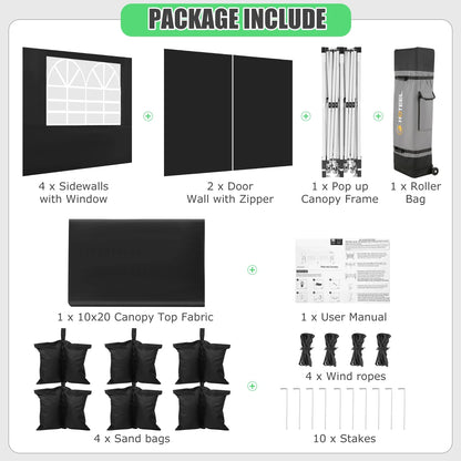 HOTEEL 10x20 Pop up Canopy Tents with Removeble Sidewalls,Outdoor Gazebo with Wheeled Bag & 4 Sandbags,for Patio,Wedding,Backyard,Camping,Parties,Event,Black