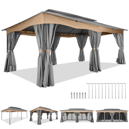 SANOPY 12X20 Heavy Duty Outdoor Gazebo with Mosquito Netting and Curtains, Canopy Tent Deck Gazebo with Double-Flat Roof Ventiation and Metal Steel Frame Suitable for Lawn, Backyard, Patio