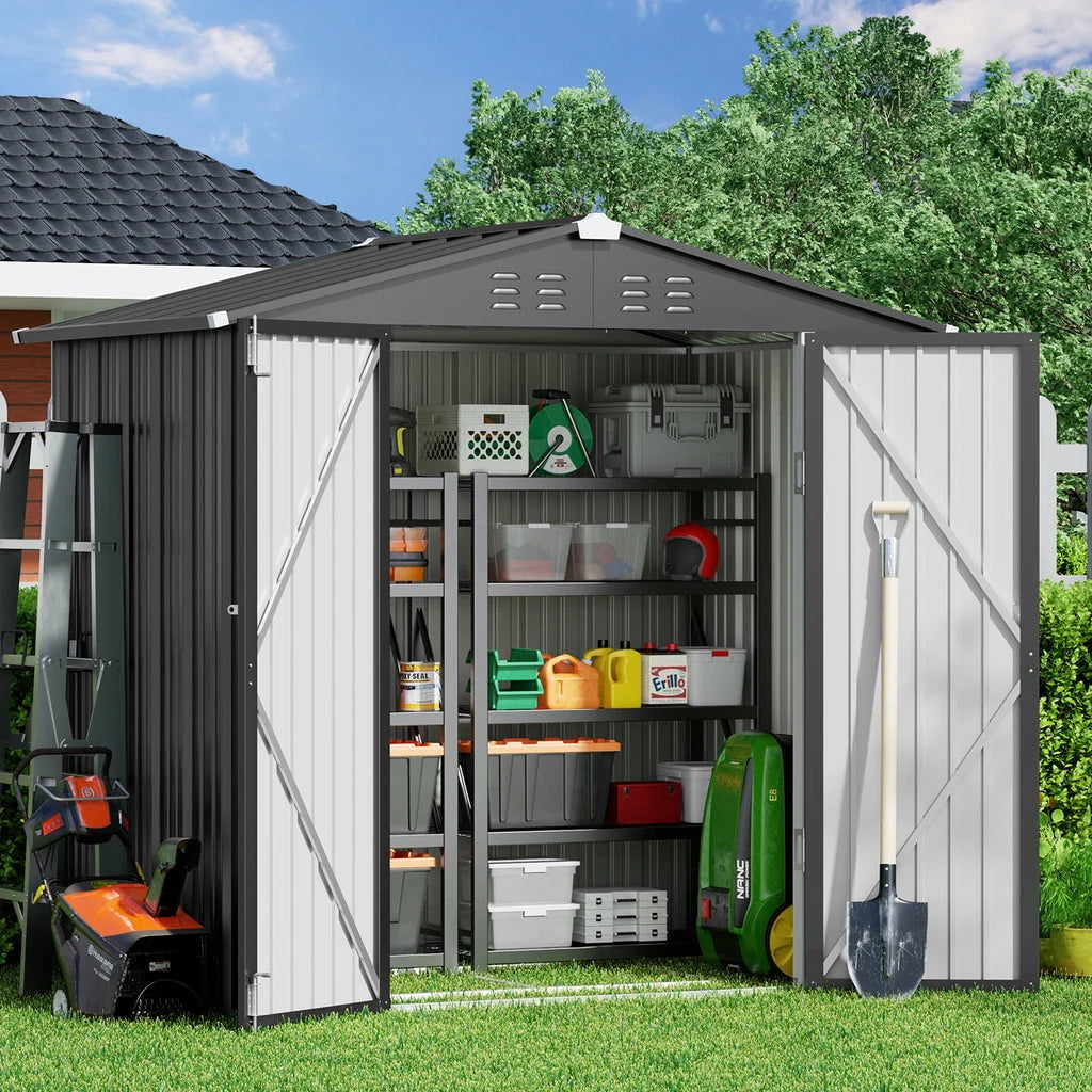 Aiho 8 x 6 FT Outdoor Storage Shed on Clearance with Metal Base Frame and Double Lockable Doors for Garden, Patio - Gray
