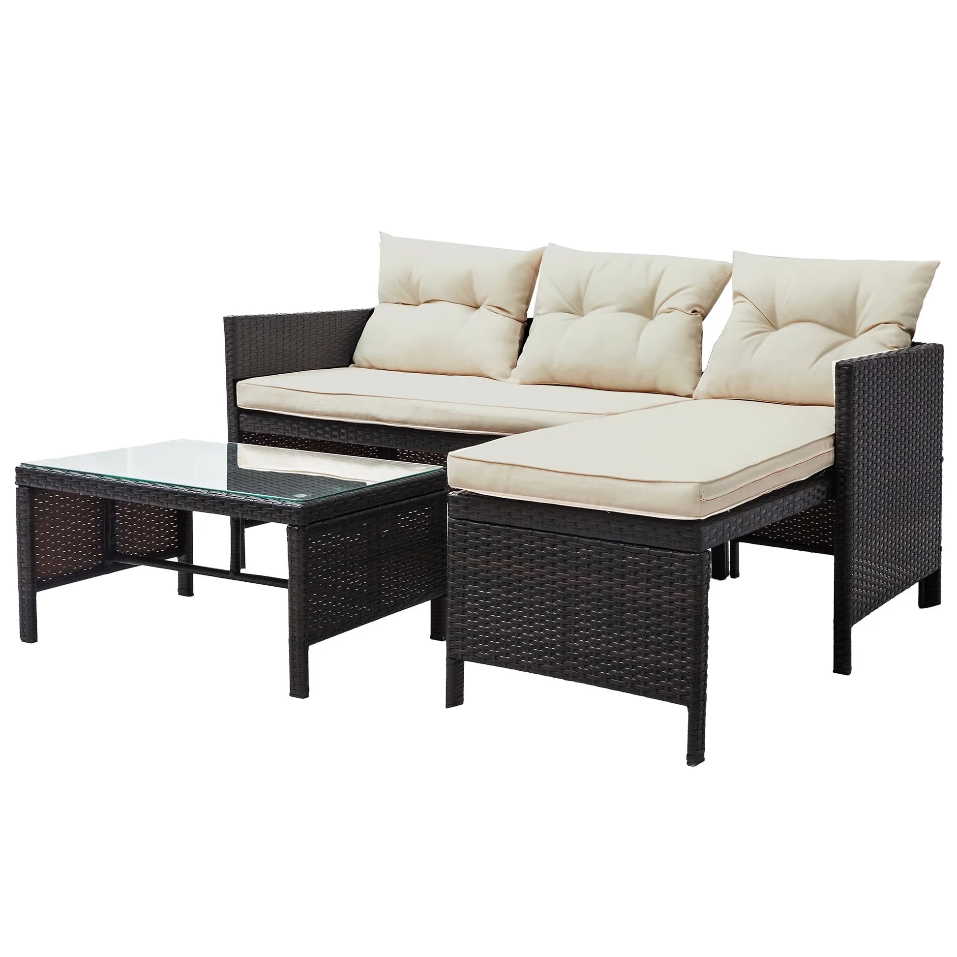 3 Pieces Patio Furniture Set, Outdoor Cushioned Sectional Sofa Set with Two-Seater Sofa, Lounge Sofa, Glass Coffee Table, PE Wicker Conversation Set for Backyard, Balcony, Poolside, Deck, D6027