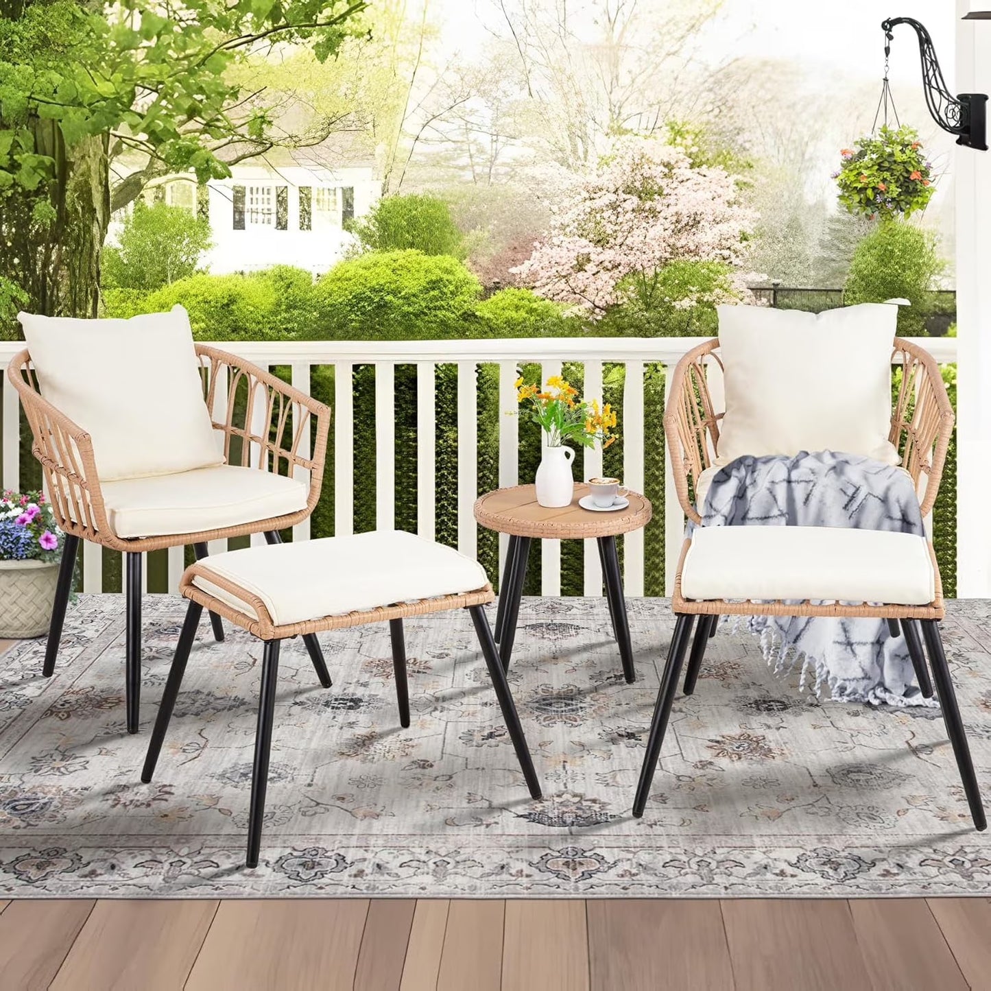 FHFO 3 Piece Patio Bistro Set, Outdoor Wicker Apartment Balcony Furniture Sets, Rattan Table and Chairs Set of 2 for Porch Backyard Lawn Poolside Deck, Beige