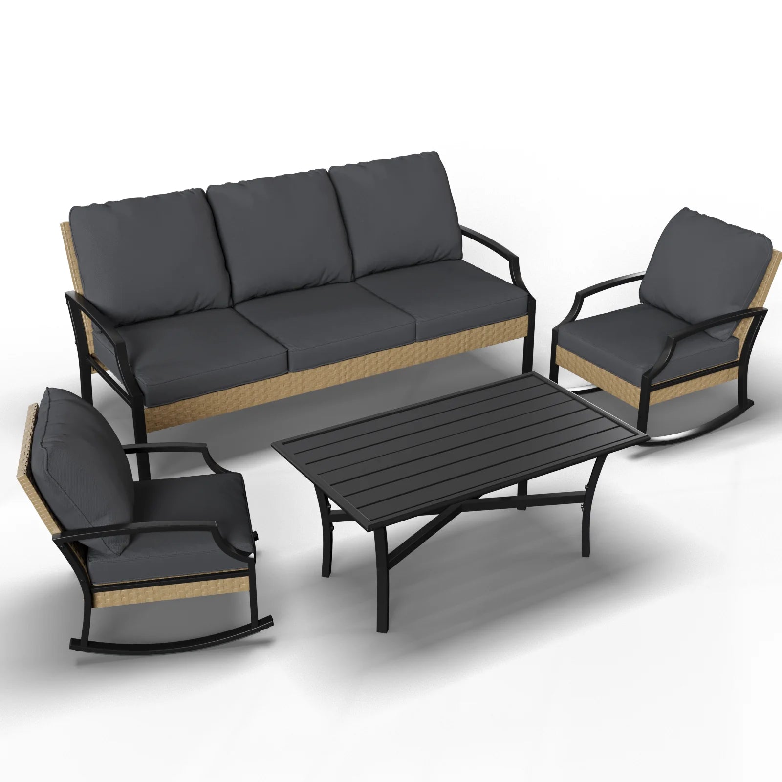AECOJOY Outdoor Patio Wicker Furniture Sets On Sale,Rattan Patio Conversation Sets With Rocking Chair For Porch,Beige