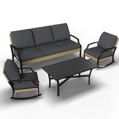 AECOJOY Outdoor Patio Wicker Furniture Sets On Sale,Rattan Patio Conversation Sets With Rocking Chair For Porch,Beige