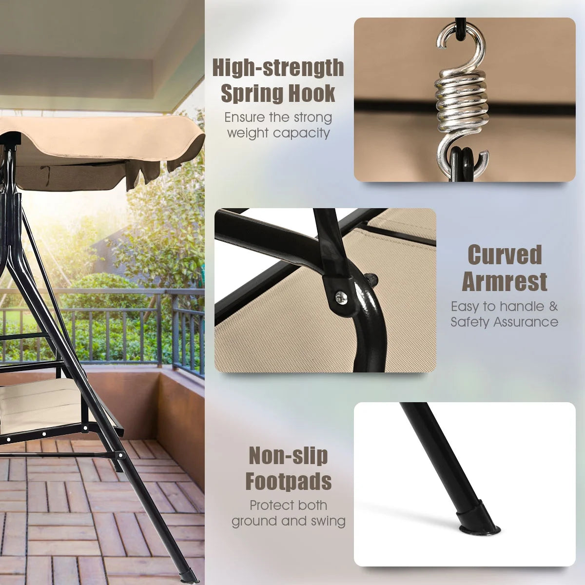 Gymax Brown Outdoor Swing Canopy Patio Swing Chair 3 Person Canopy Hammock