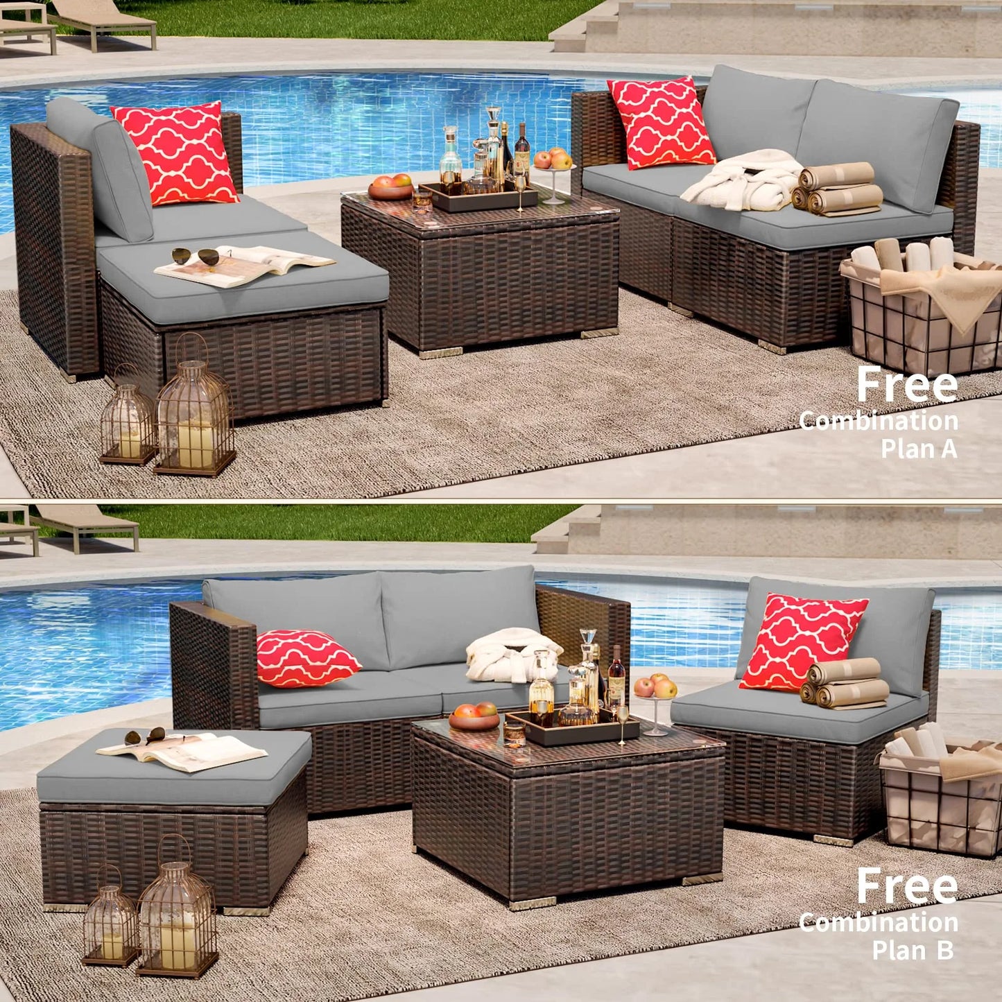 Patio Furniture Set Clearance, Lofka 5 Piece Outdoor Sectional Furniture Chair Set with Cushions and Tea Table, Gray