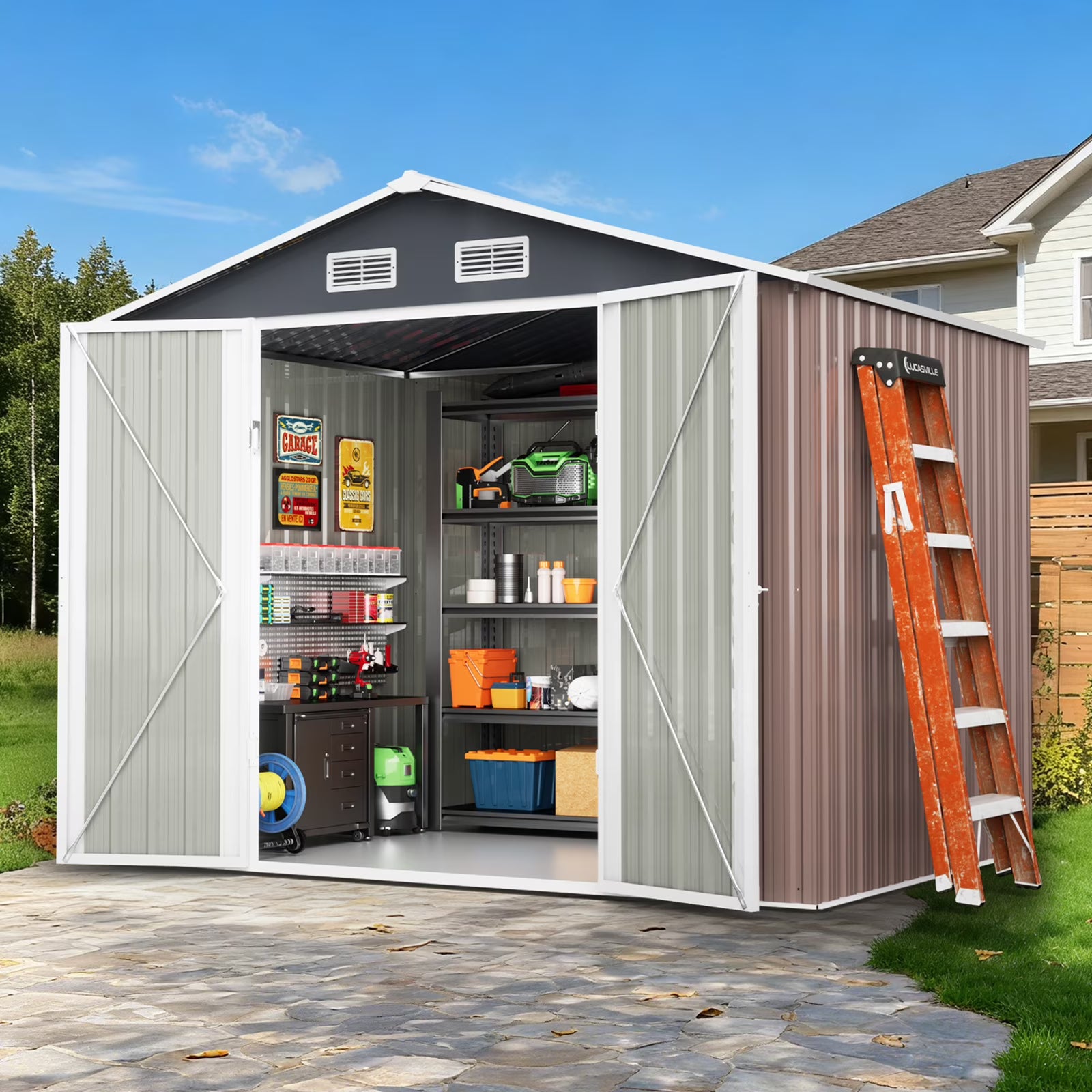 DISHUP Outdoor Storage Shed, 8x6 ft Metal Shed with WindowLockable Doors, Ideal for Backyard, Garden and Patio