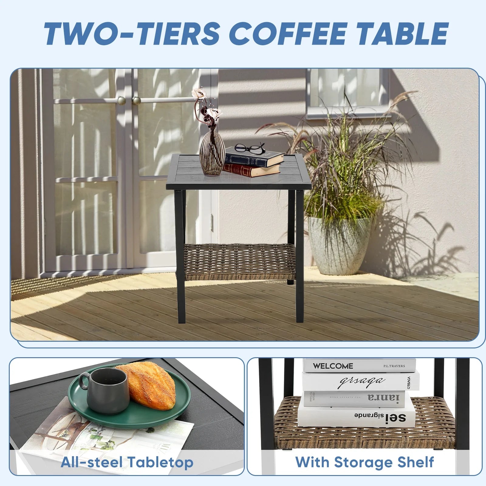 3 Pieces Patio Outdoor Conversation Set, Patio Furniture Bistro Set with 2-Tier Coffee Table, PE Wicker Rocking Chairs with Blue Cushions for for Backyard Porch Poolside