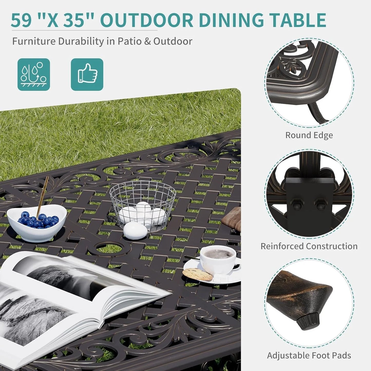 59.06" Cast Aluminum Outdoor Dining Table for 6 People, Rust-Resistant All-Weather Metal Patio Table with 2" Umbrella Hole, Heavy-Duty Garden Furniture for Deck, Backyard, Dark Bronze, Only Desk