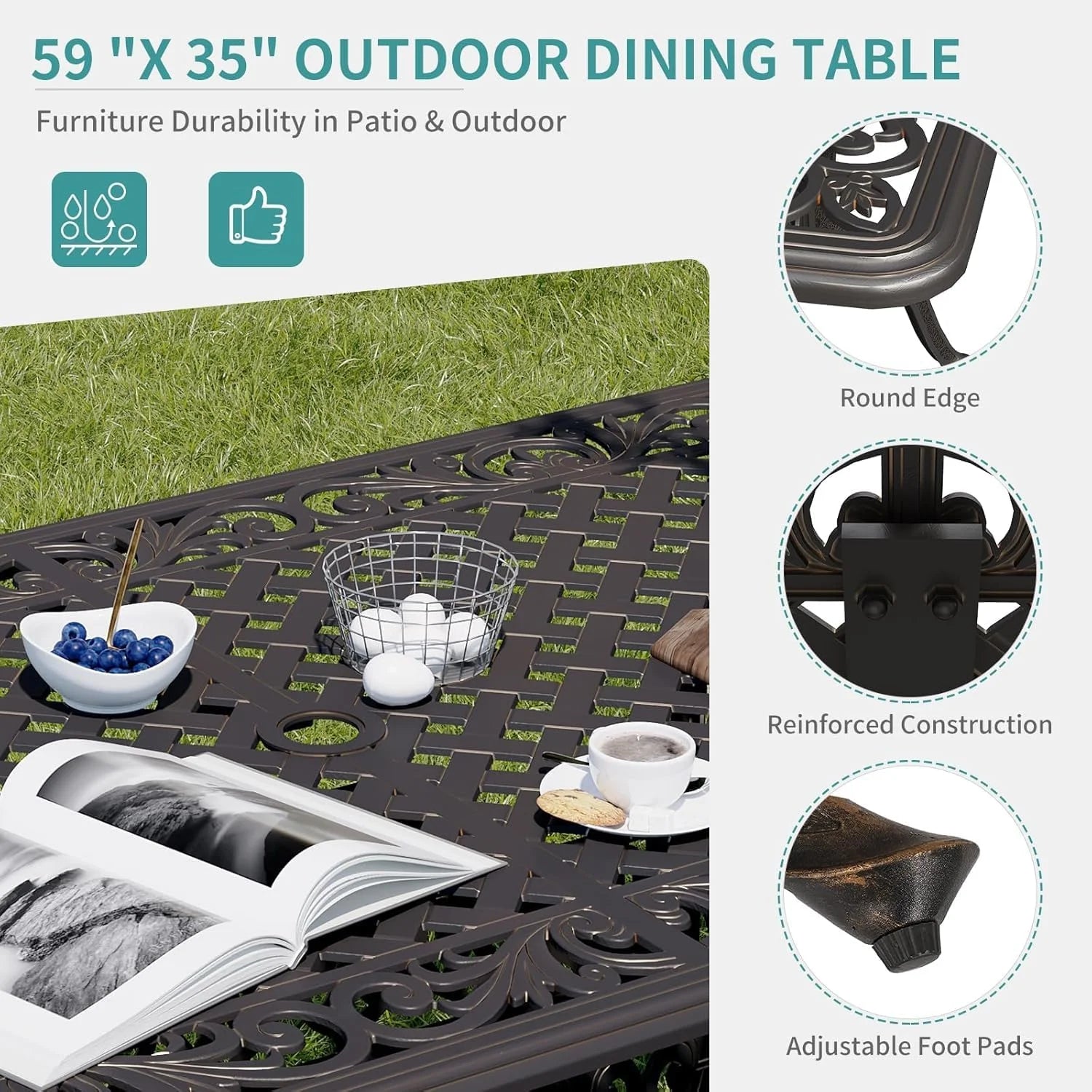 59.06" Cast Aluminum Outdoor Dining Table for 6 People, Rust-Resistant All-Weather Metal Patio Table with 2" Umbrella Hole, Heavy-Duty Garden Furniture for Deck, Backyard, Dark Bronze, Only Desk