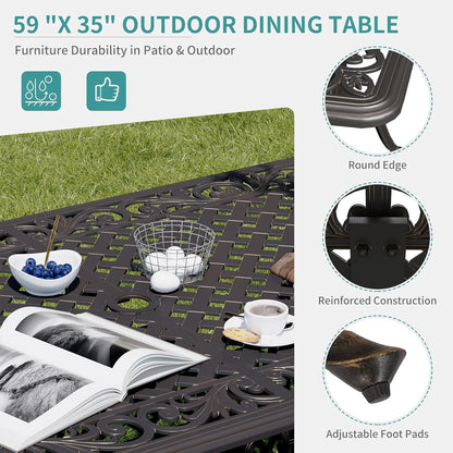 59.06" Cast Aluminum Outdoor Dining Table for 6 People, Rust-Resistant All-Weather Metal Patio Table with 2" Umbrella Hole, Heavy-Duty Garden Furniture for Deck, Backyard, Dark Bronze, Only Desk