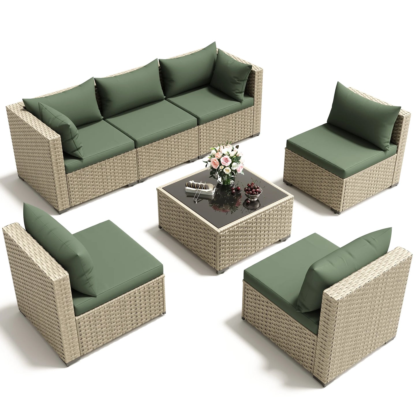 POTEBAN 7 Pieces Outdoor Patio Furniture Set, Grey Rattan Wicker Outdoor Conversation Sectional Sofa Set with Cushions for Backyard, Green