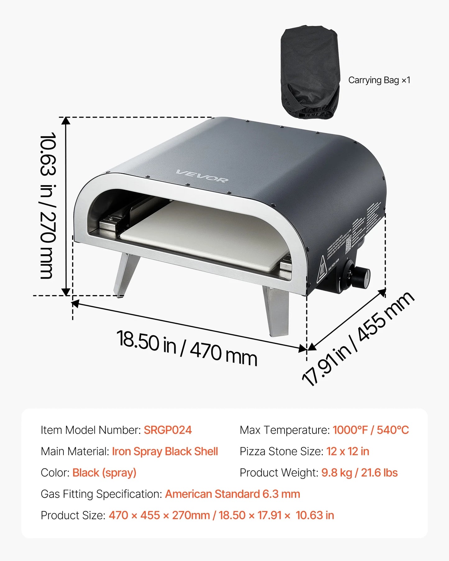 VEVOR Propane Outdoor Pizza Oven, 12 Inch Gas Pizza Maker, Portable Pizza-Cooker with Thickened Pizza-Stone, Carry Bag, Pizza-Oven for Outside Backyard Patio Camping, Black