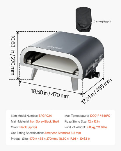 VEVOR Propane Outdoor Pizza Oven, 12 Inch Gas Pizza Maker, Portable Pizza-Cooker with Thickened Pizza-Stone, Carry Bag, Pizza-Oven for Outside Backyard Patio Camping, Black