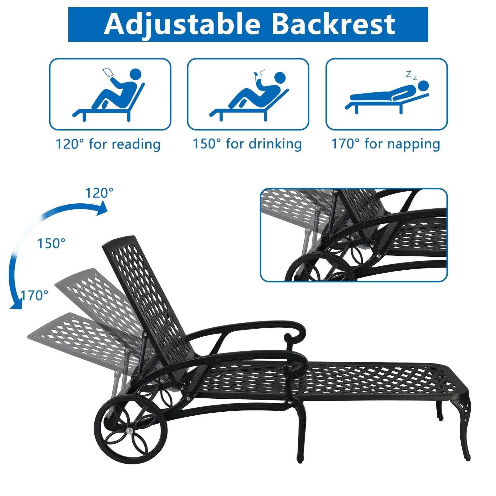Zimtown Cast Aluminum Lounge Chair Adjustable Patio Recliner, Patio Chaise Chair, Heavy Duty Lying Bed for Garden, Poolside, Yard, Lawn, Black