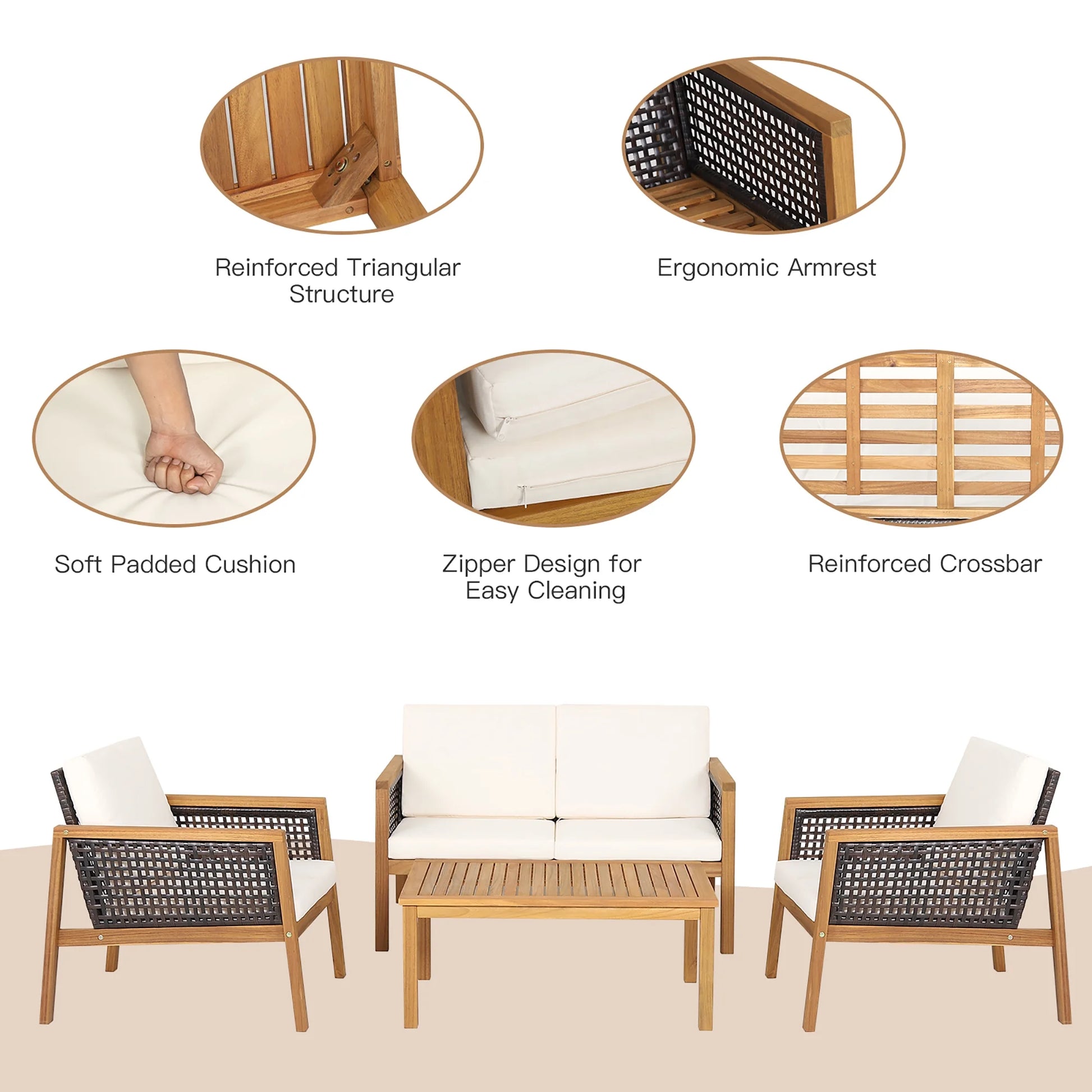 Costway 8PCS Patio Rattan Furniture Set Acacia Wood Cushioned Sofa Off White