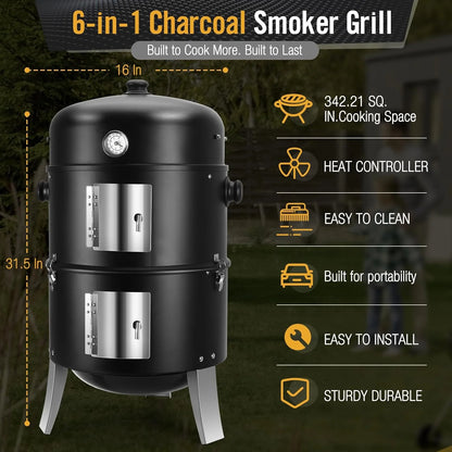 BBQ Charcoal Smoker for Meat: 16 Inch Heavy Duty 4 In 1 BBQ Charcoal Grills - Vertical Barbecue Smokers Grill Combo for Outdoor Cooking Patio Backyard Picnic Party Grilling