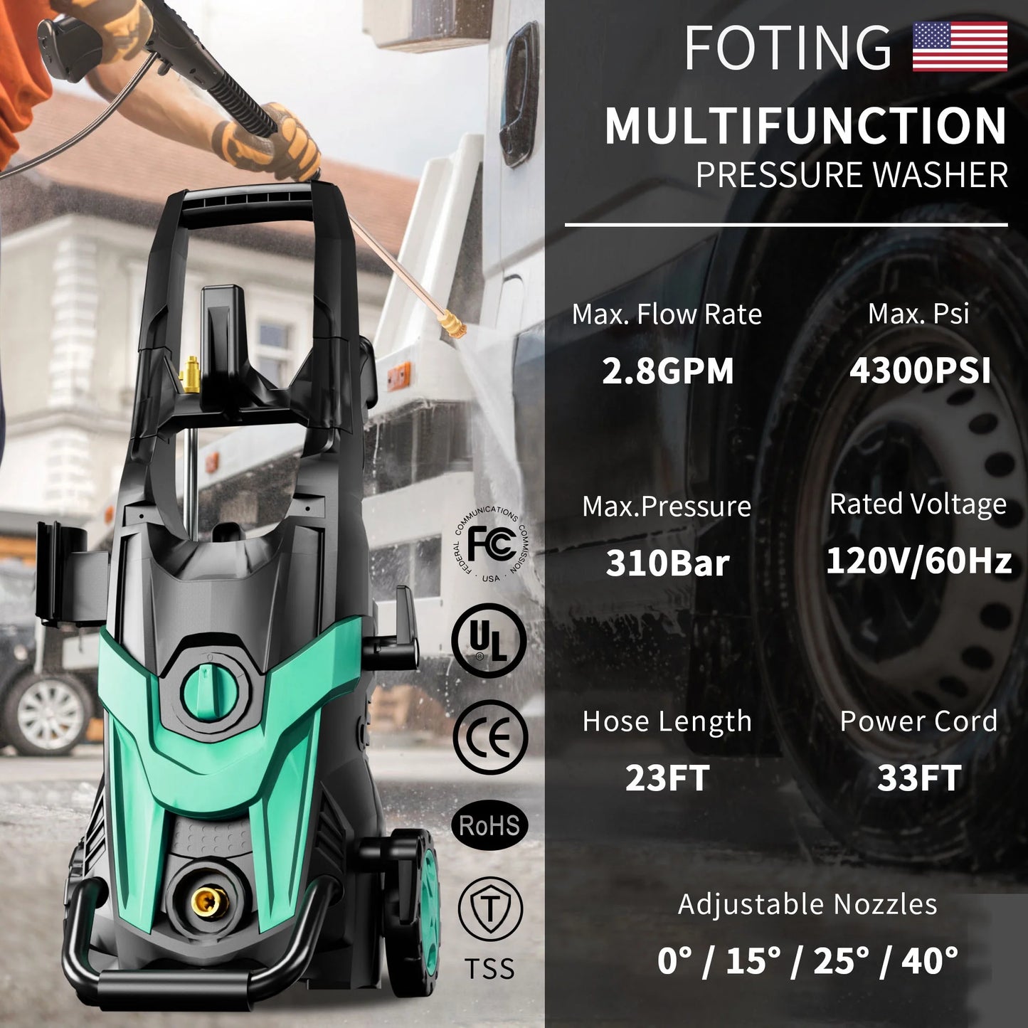 2024 Upgraded Electric Pressure Washer 4300 PSI 2.8 GPM Power Washer with Extra Hose, 23ft Hose 35ft Power Cord, 4 Nozzle and Detergent Tank for Cars, Fences, Patio