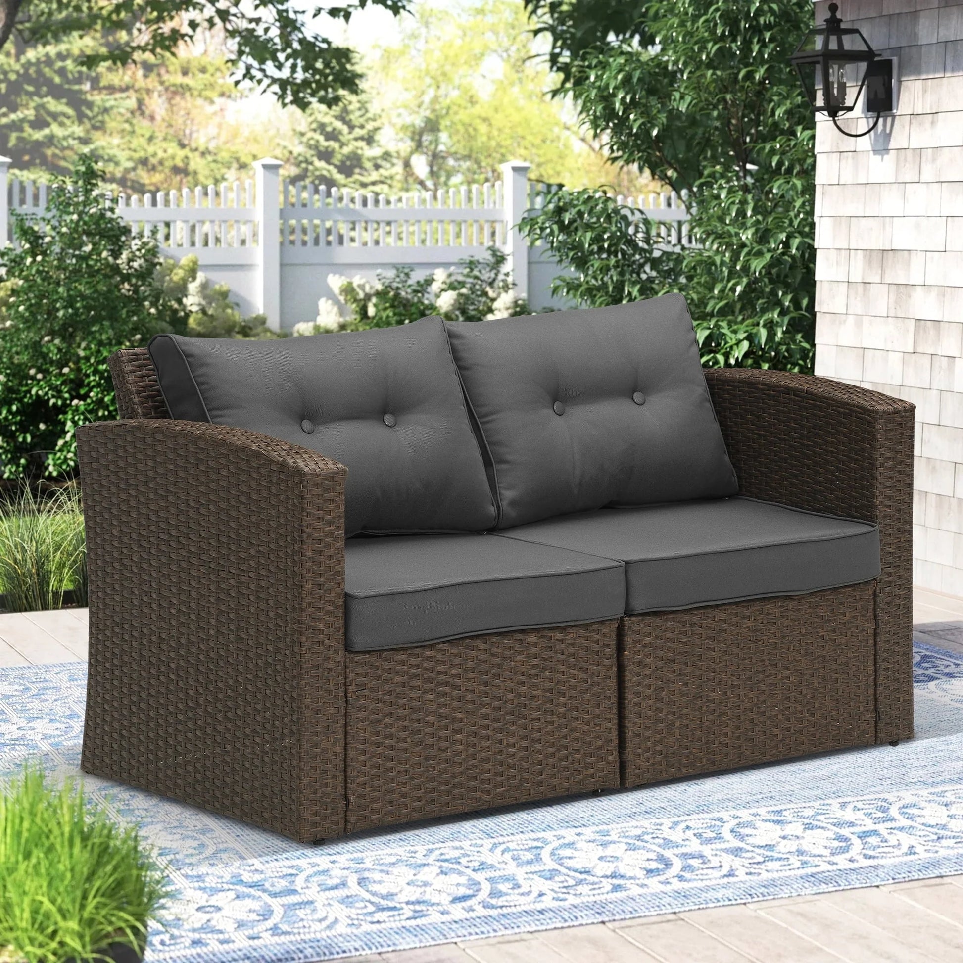 Superjoe 2 Pcs Outdoor Patio Furniture Garden Loveseat Wicker Couch,Gray