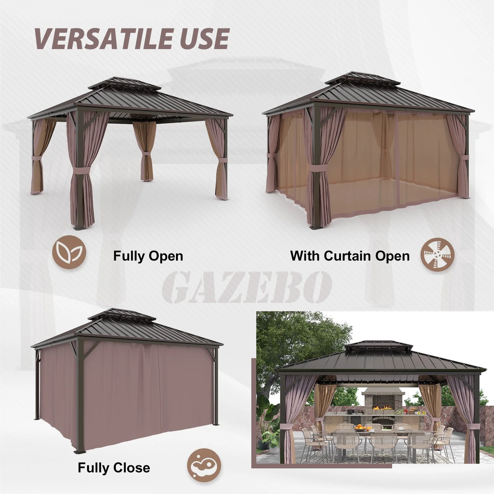 EAGLE PEAK 12x14 Outdoor Patio Hardtop Gazebo with Galvanized Steel Double Roof, Netting & Curtains