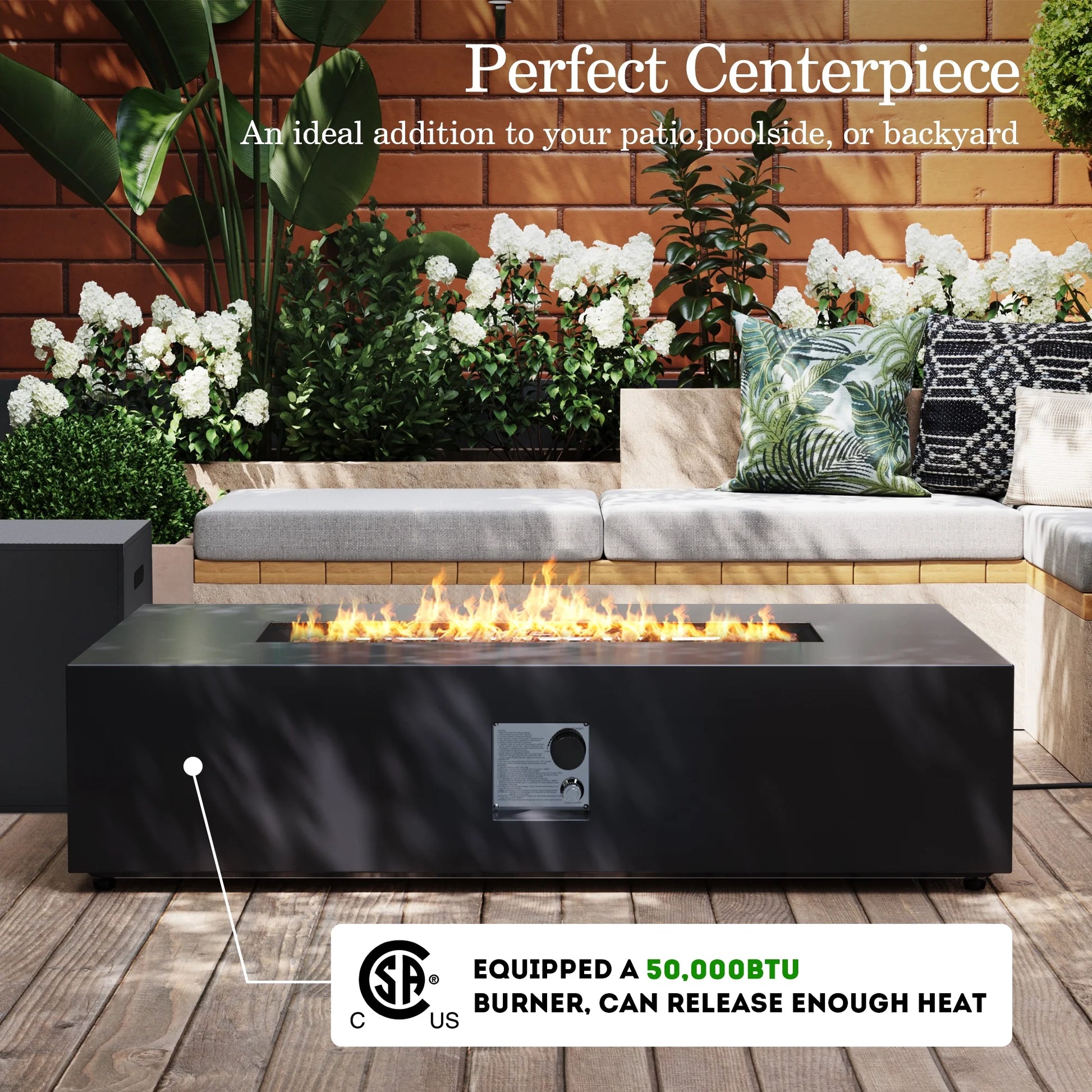 UPHA 56-inch Outdoor Propane Rectangle Fire Pit Table 50000 BTU Iron Gas FirePit for Outside Patio with Tank Cover, Removable Lid, Lava Rocks, Rain Cover, Grey