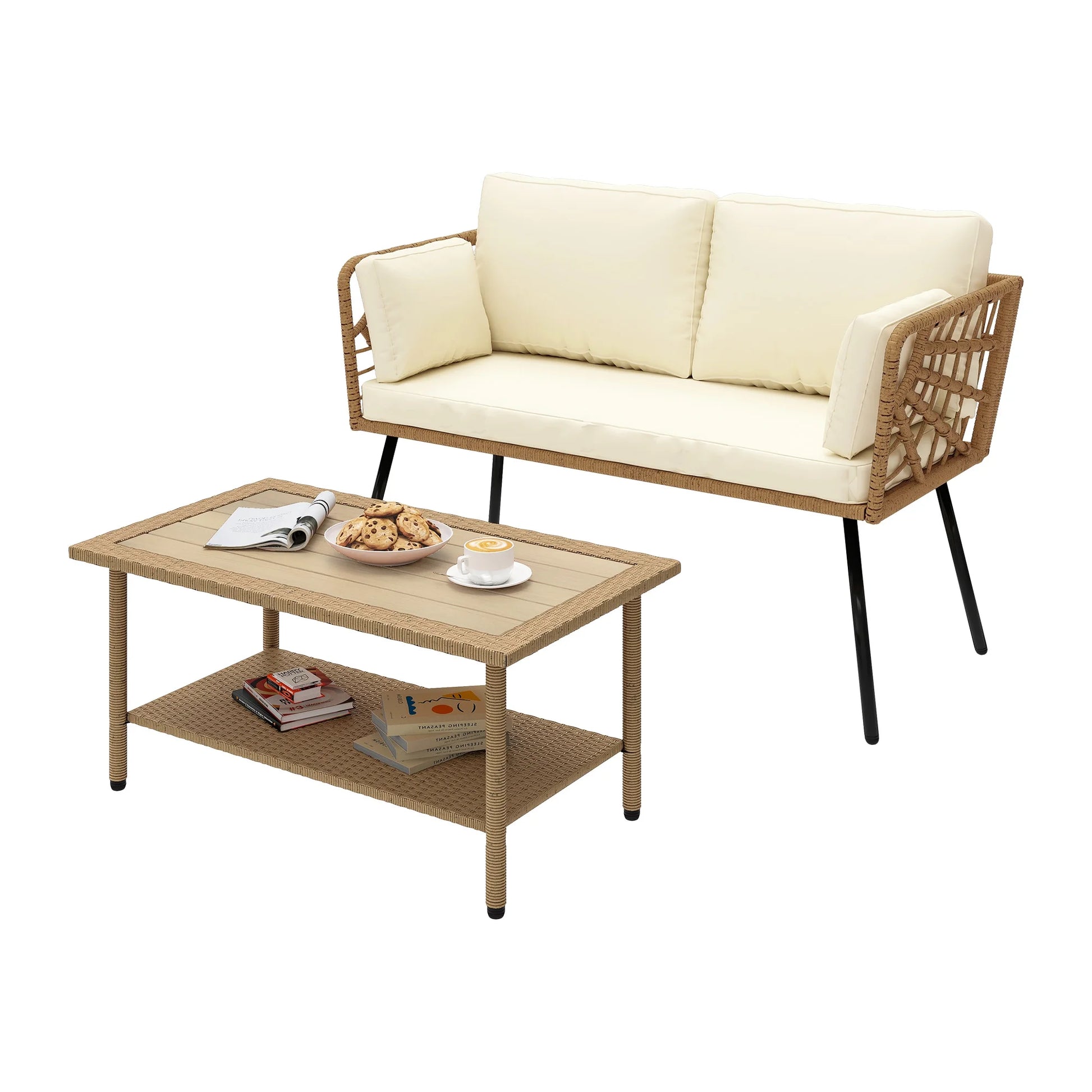 Uforic Outdoor Wicker Loveseat with Cushions and Rattan Side Table, All-Weather 2 Pieces Bistro Patio Conversation Furniture Set -Beige