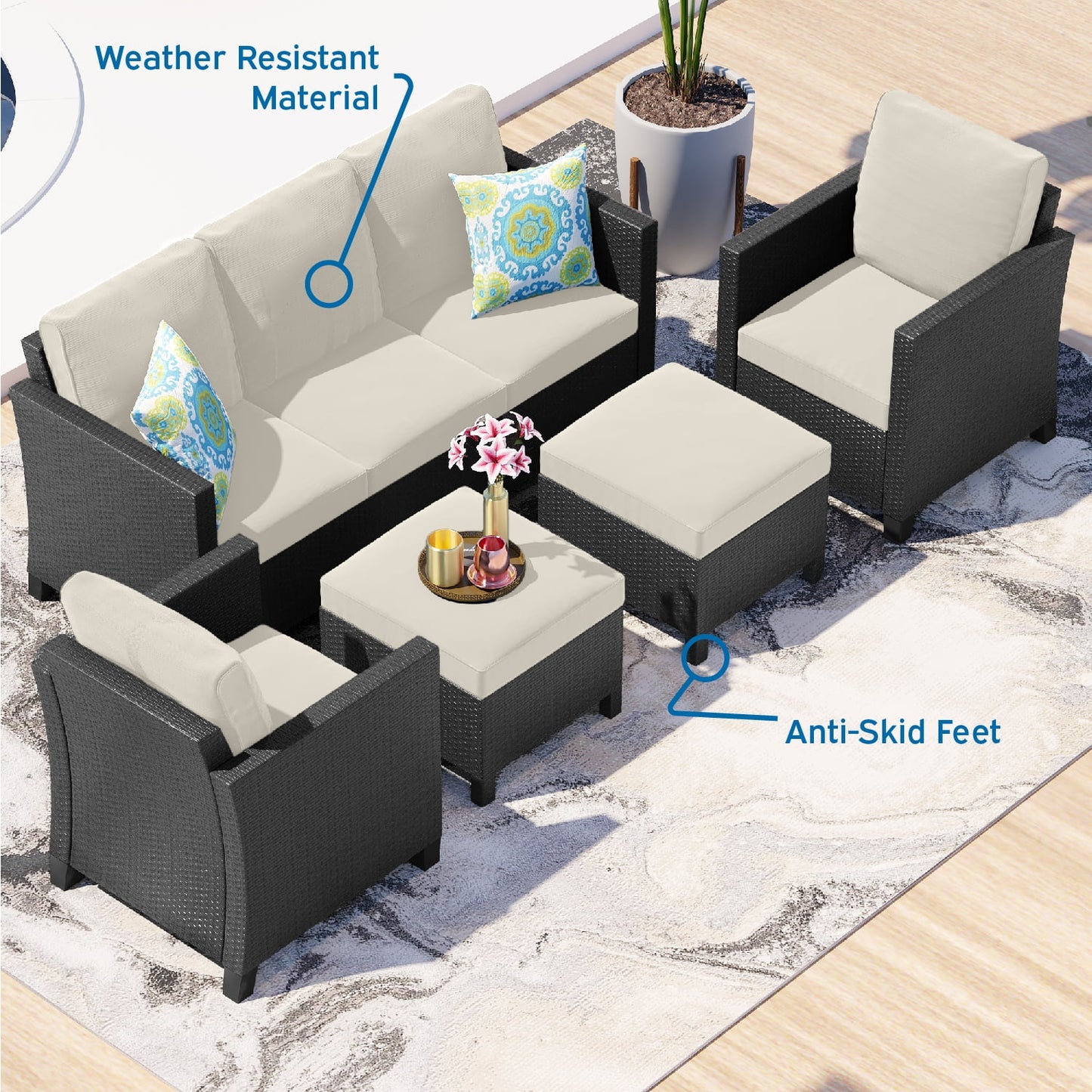 Hearth & Harbor 5-Piece Outdoor Patio Furniture Set, Wicker Patio Conversation Set, Sectional Sofa, Black/Off White